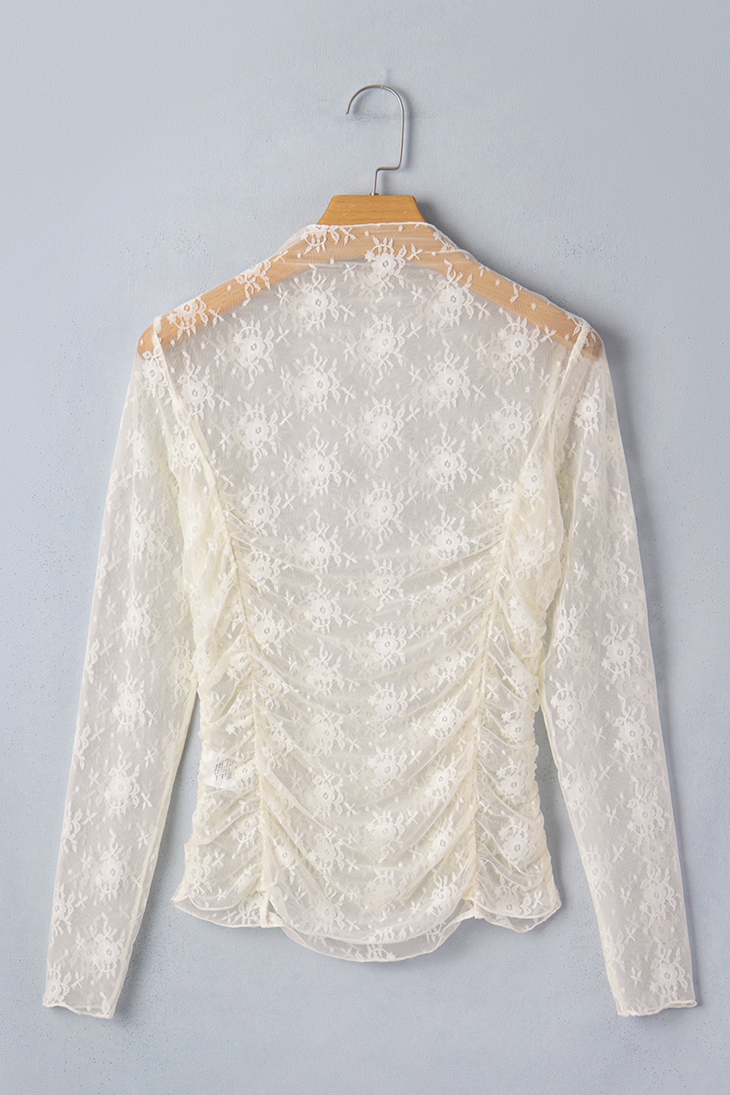 Jet Stream Sheer Floral Mesh Ruched Long Sleeve Top – Cream
