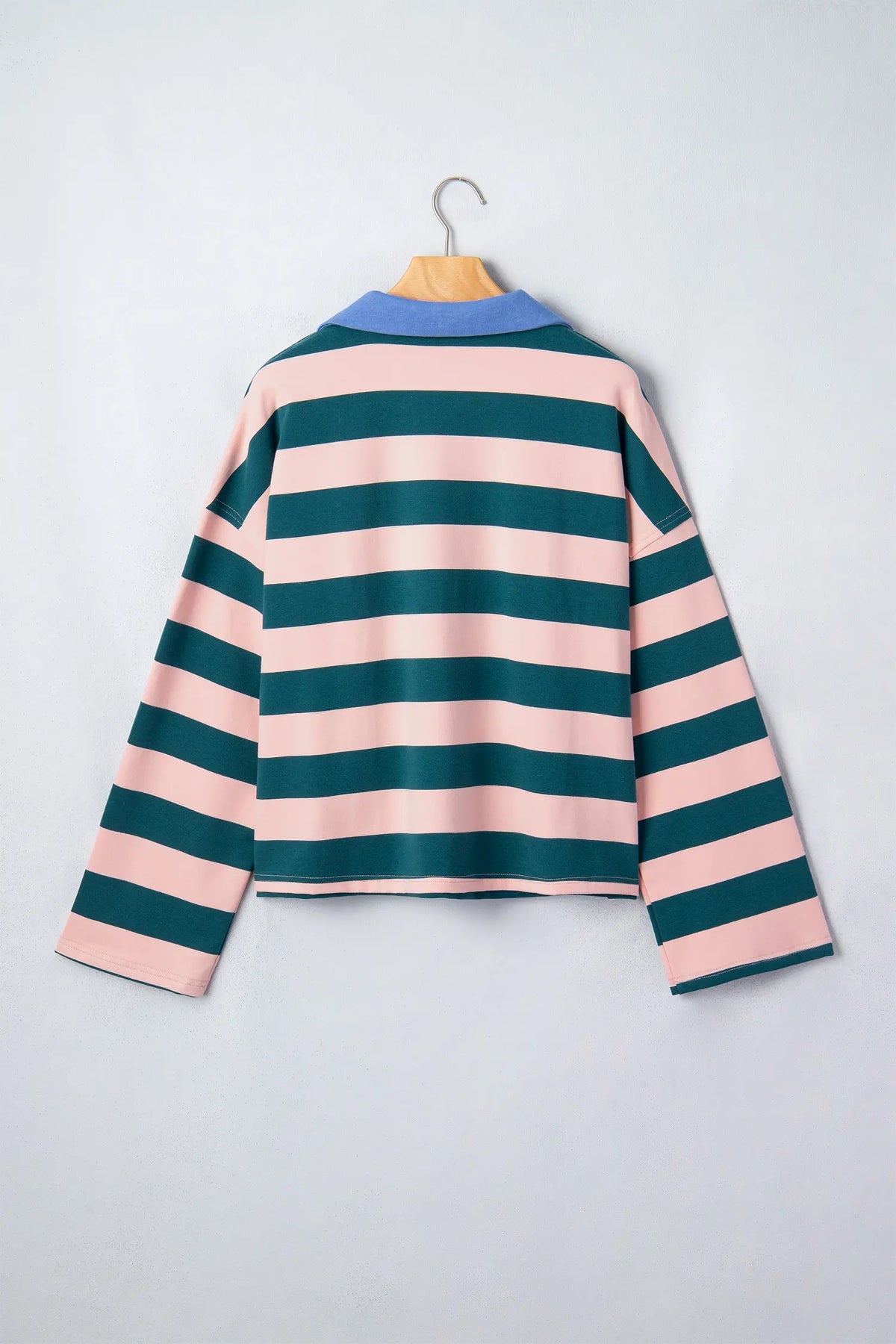 Quarter-Zip Metal Zipper Cover Stitch Hem Top – Green Stripe