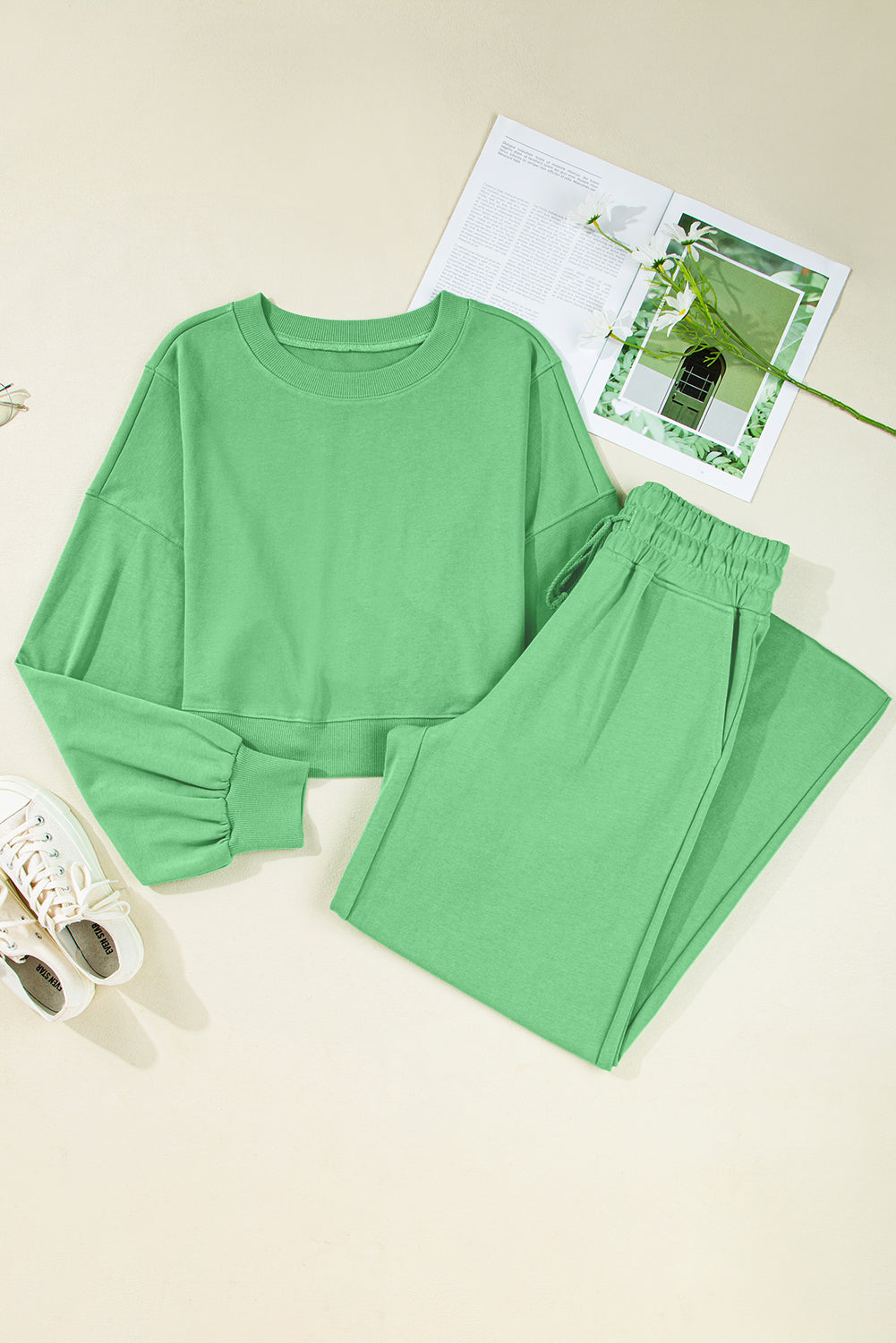 Drop Shoulder Puff Sleeve Crop Pullover and Drawstring Wide Leg Trousers Co-ord Set eAura