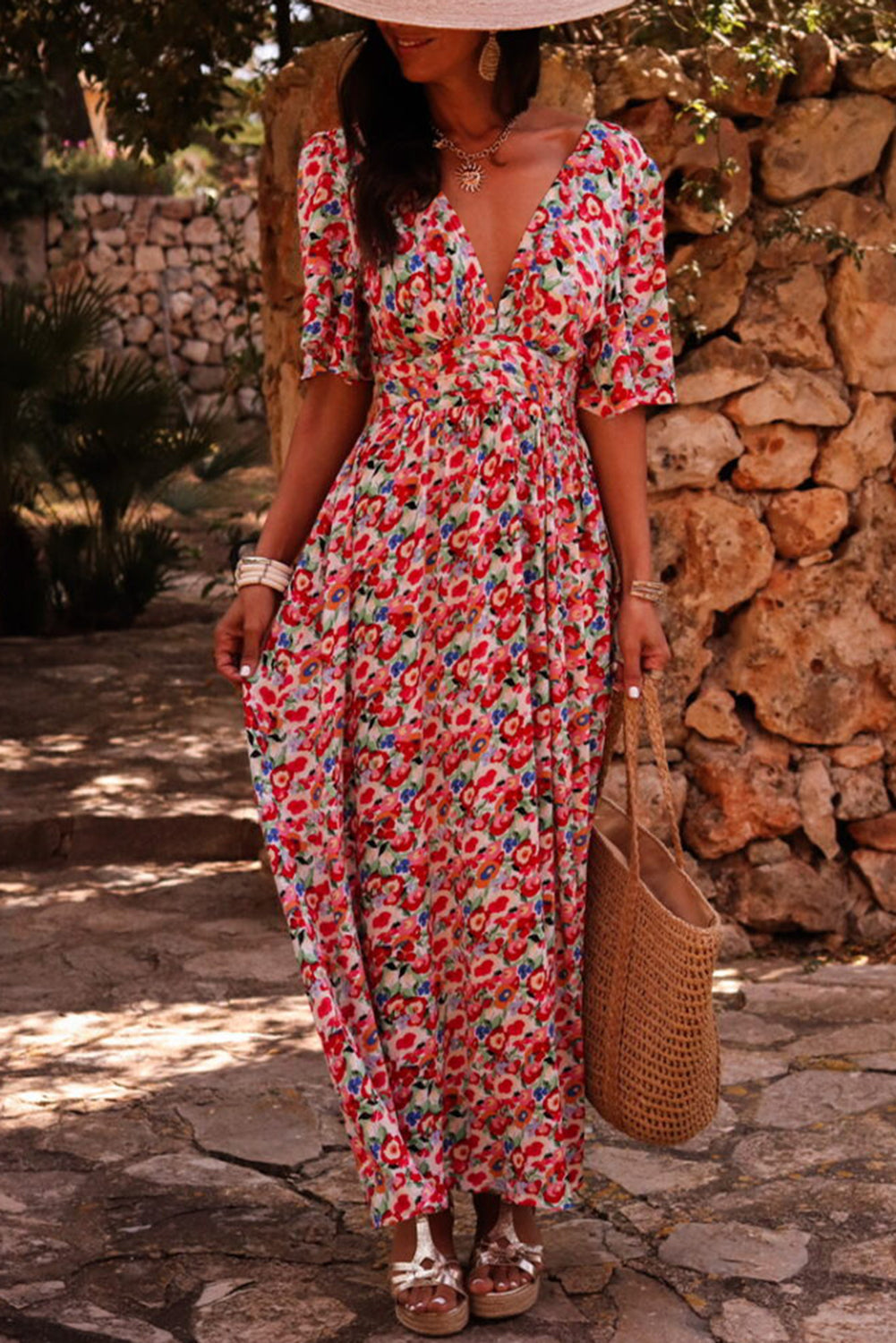 Red Floral Half Sleeve Deep V Neck Cutout Back Split Maxi Dress BB Fashion Outlet