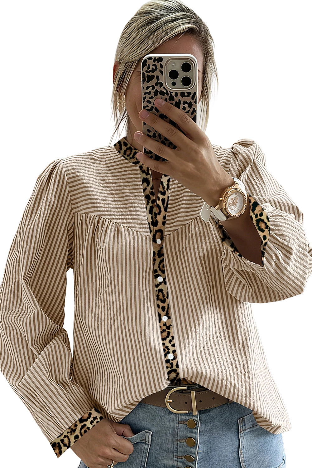Stripe Leopard Patchwork Long Sleeve Shirt - Tops/Blouses & Shirts