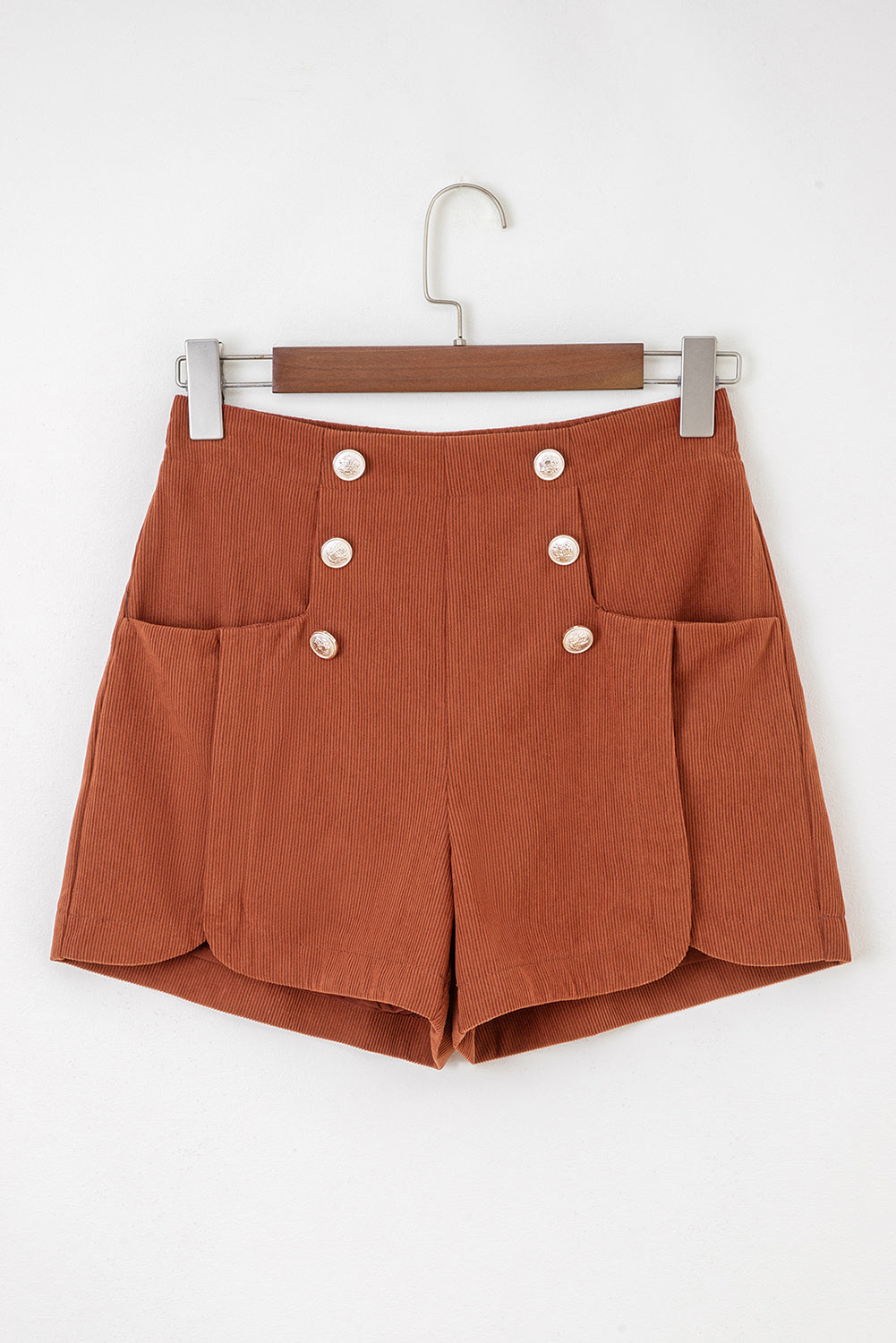 Button Decor Scalloped Edge High Waist Soft Corduroy Shorts - eAura