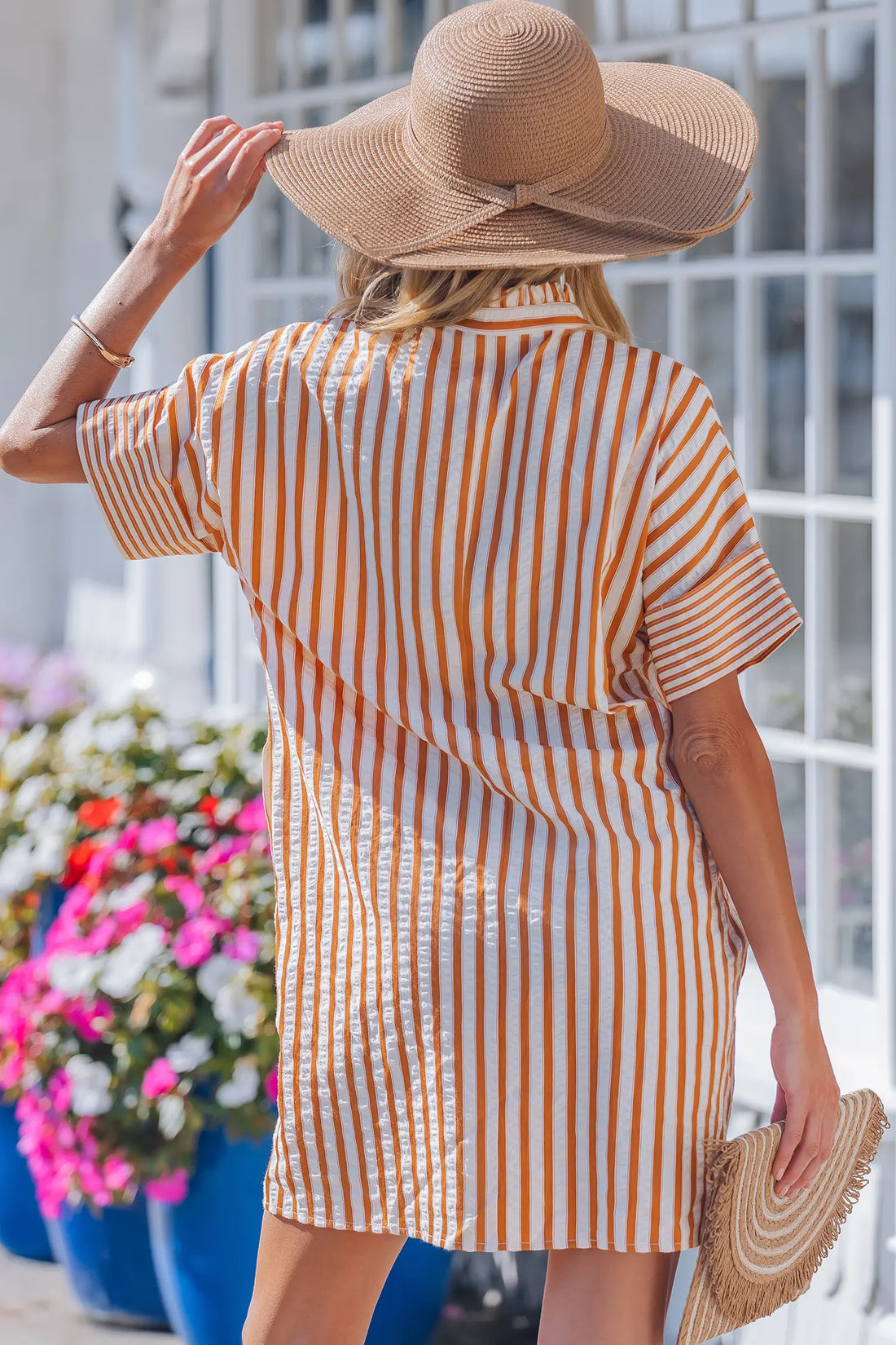 Stripe Pinched V-Neck Turn-Up Cuff Shift Mini Dress