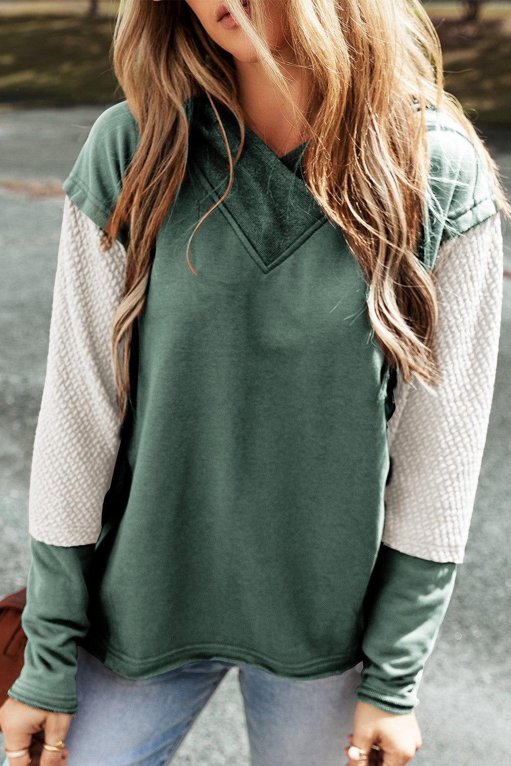 Mist Green Contrast Sleeves Patchwork Colourblock Hoodie eAura