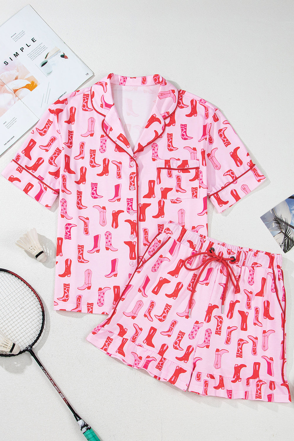 Pink Western Cowgirl Boots Printed Shirt Ruffled Shorts Pyjama Set eAura