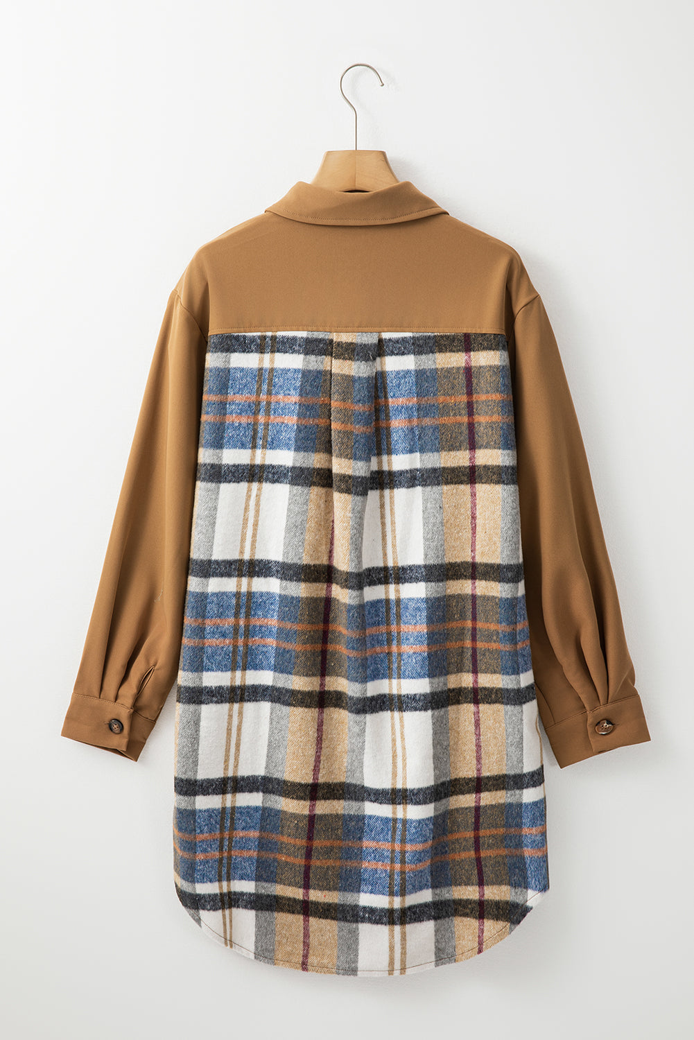 Khaki Plaid Patchwork Long Sleeve Shirt Mini Dress eAura