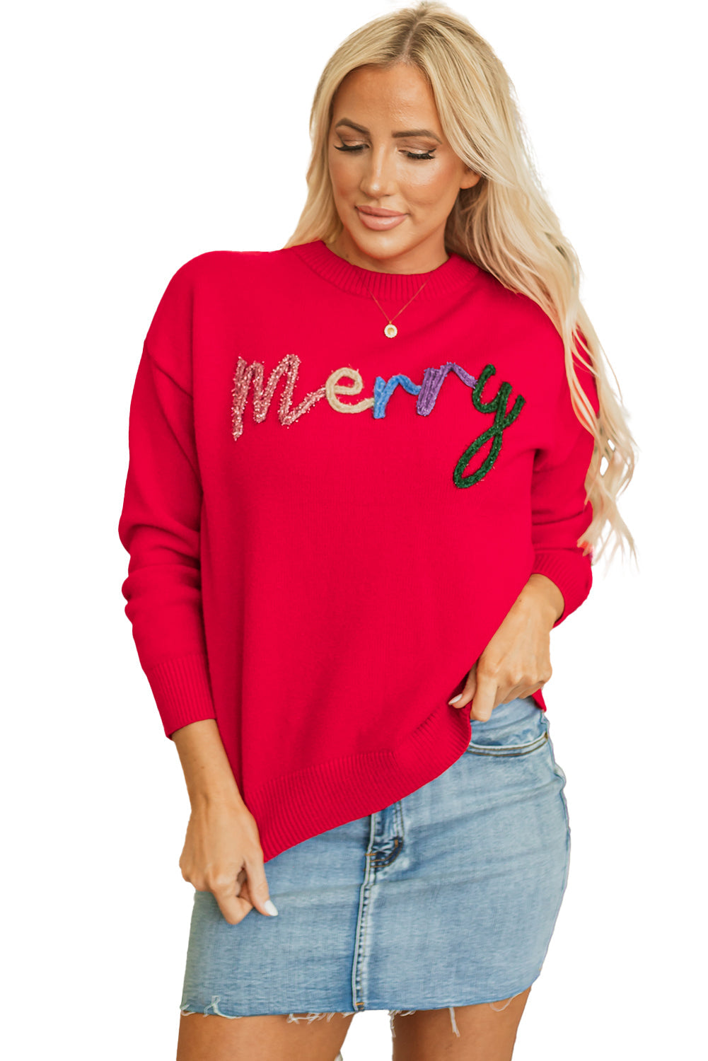 Fiery Red Tinsel Merry Letter Drop Shoulder Baggy Sweater eAura