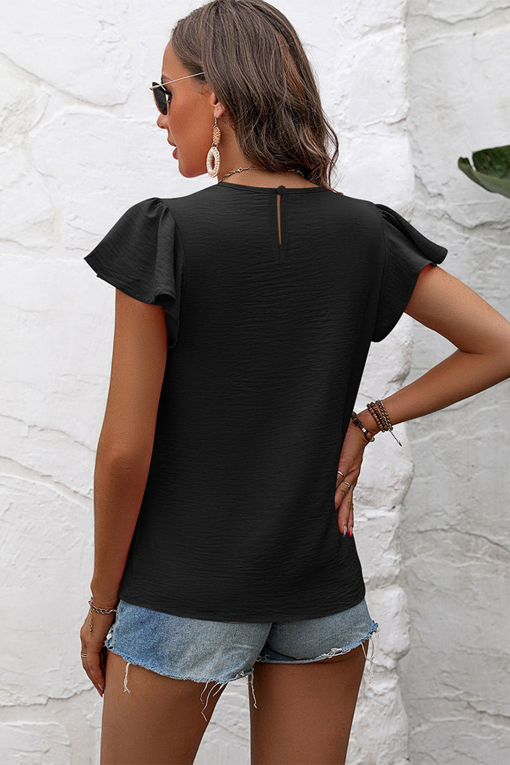 Flounce Sleeve Pleated Textured Blouse eAura