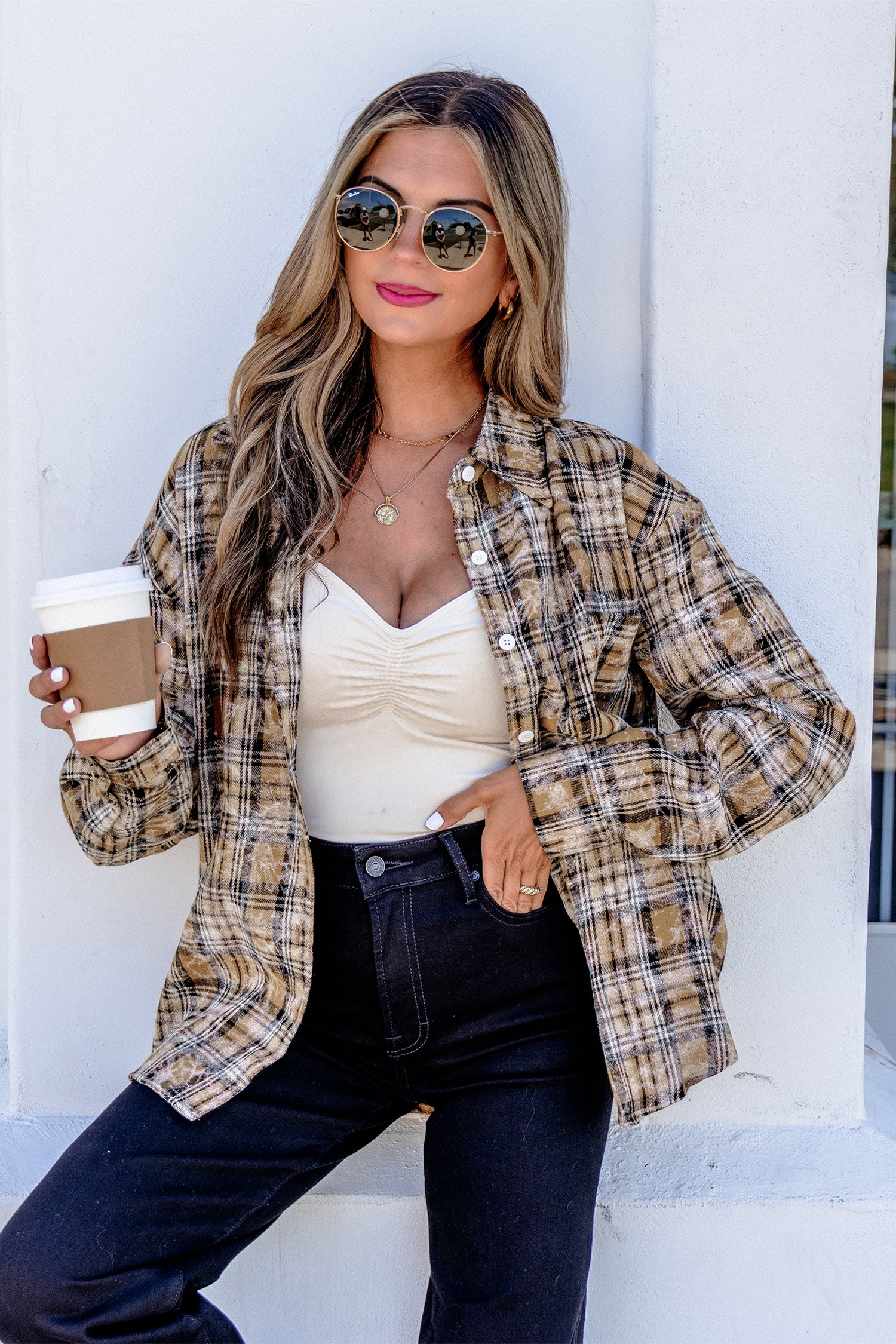 Retro Plaid Long Sleeve Button Down Shirt – Brown