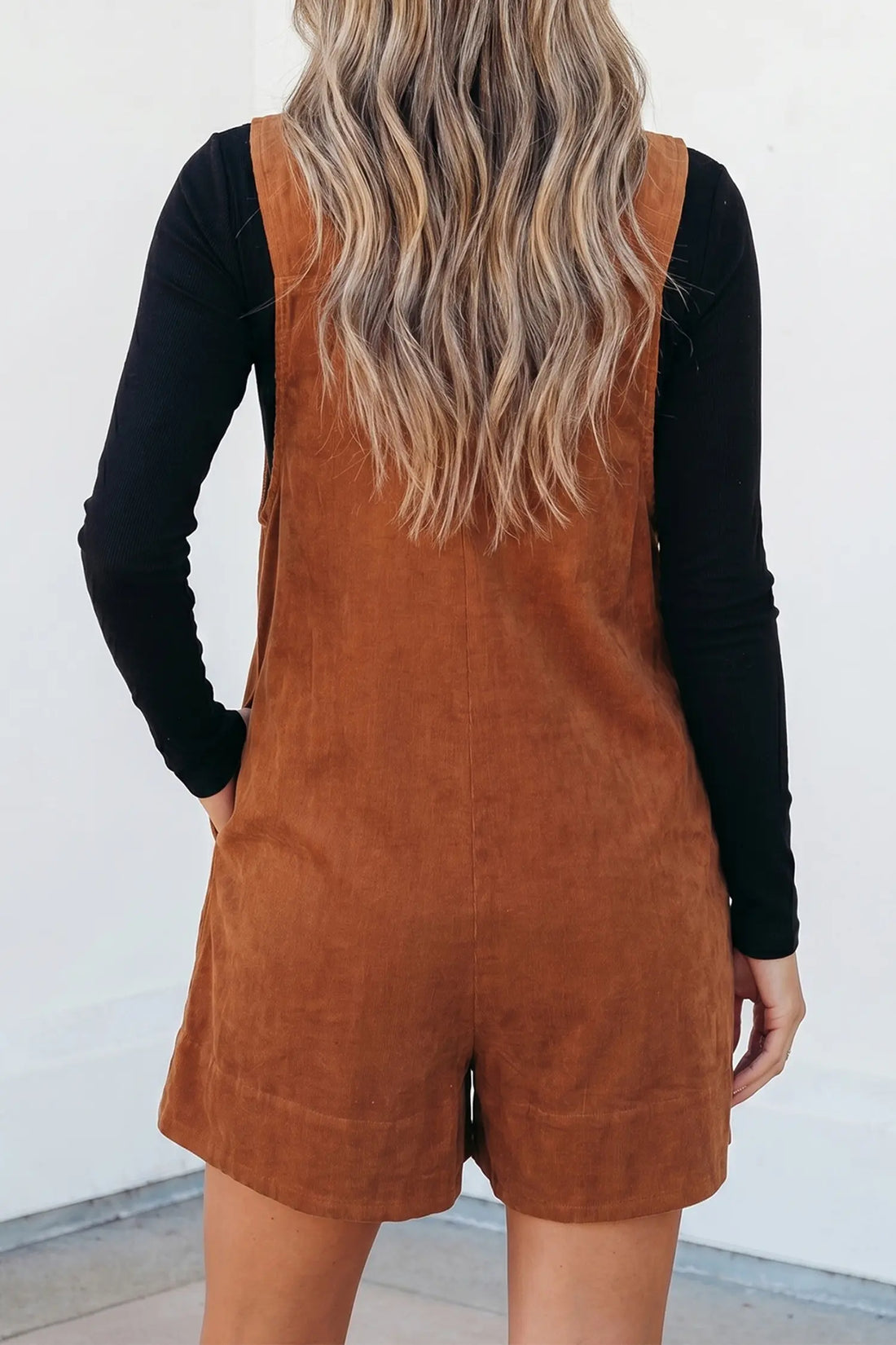 Solid Colour Tie V Neck Sleeveless Ribbed Romper – Cinnamon