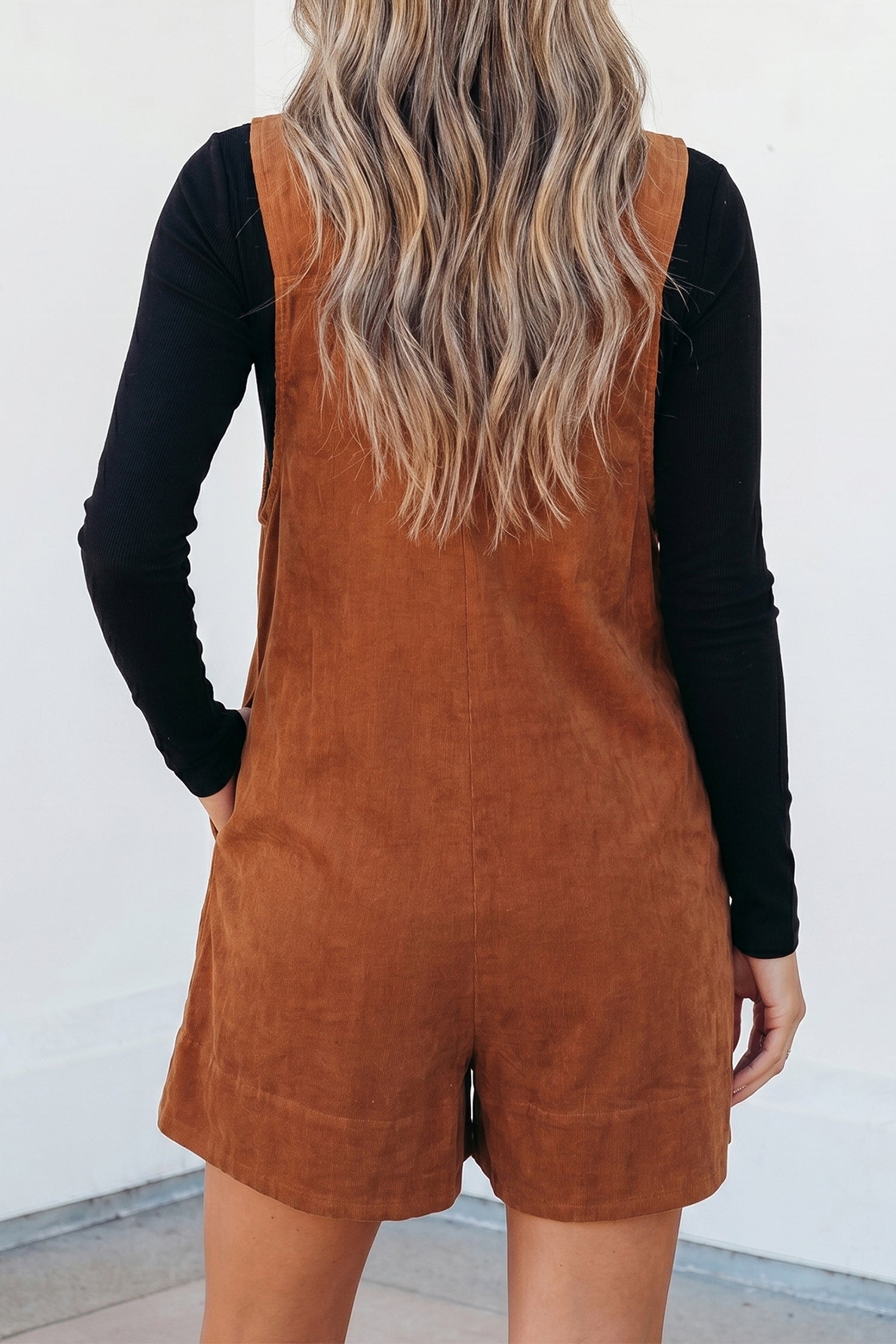 Solid Color Tie V Neck Sleeveless Corduroy Romper – Cinnamon