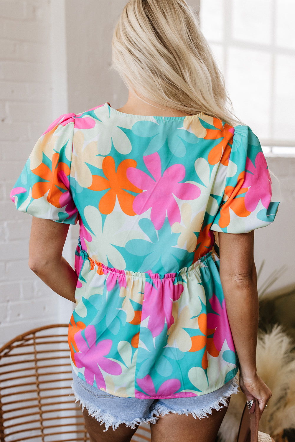 Pink Floral Print Bubble Sleeve V Neck Peplum Blouse eAura
