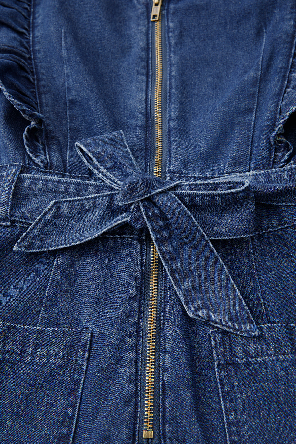Sail Blue Denim Ruffled Zipped Front Belted Romper eAura