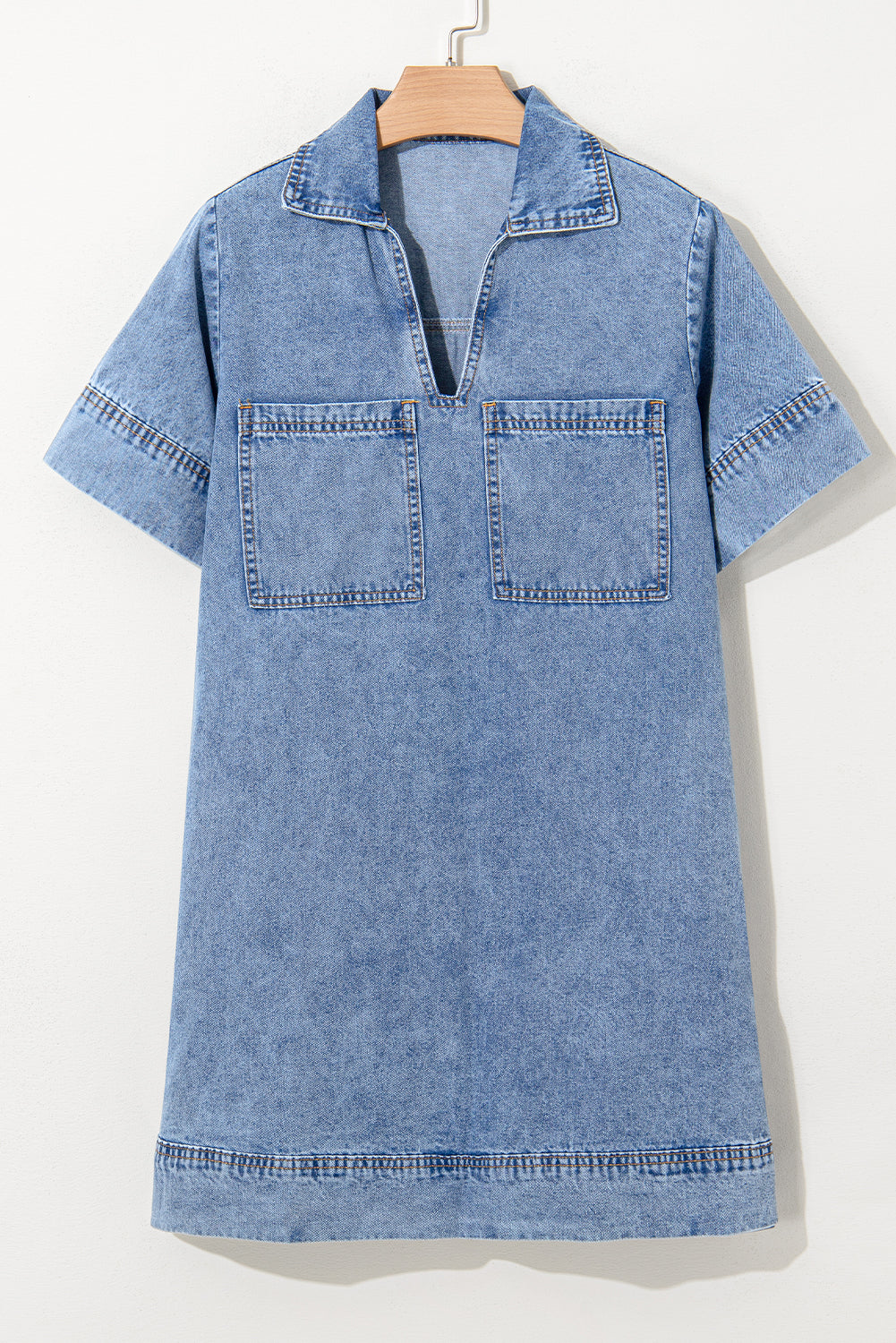 Beau Blue Short Sleeve Collared Patched Pocket Denim Mini Dress BB Fashion Outlet