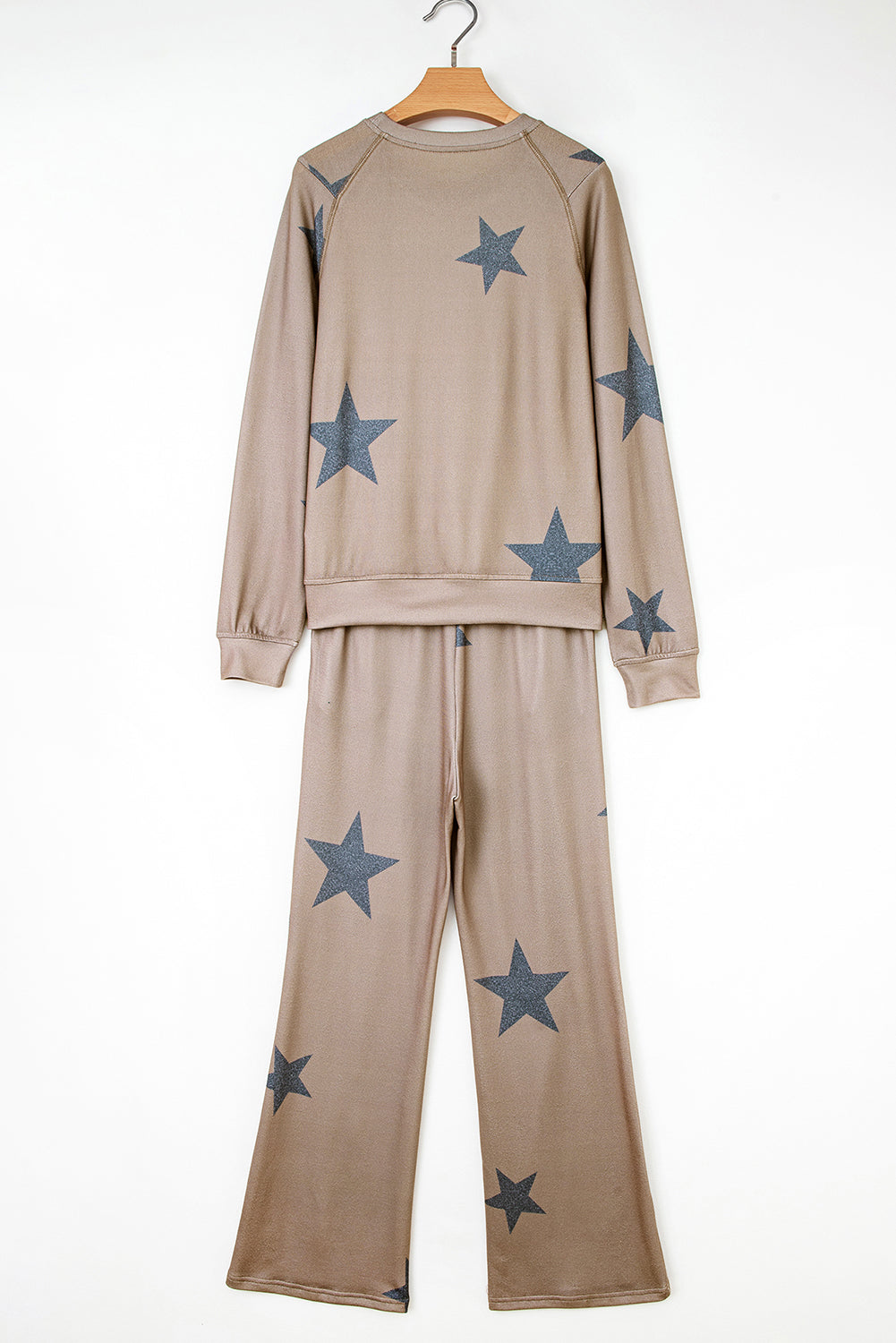Khaki Retro Star Print Long Sleeve Drawstring Lounge Set - eAura