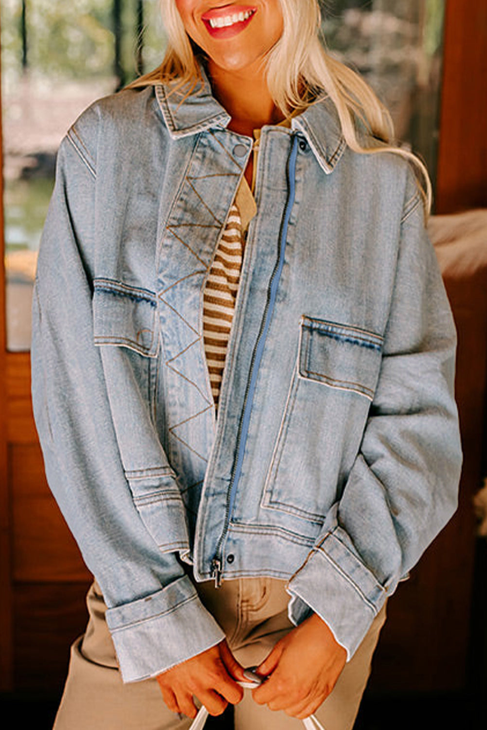 Blue Zip Up Washed Denim Jacket Dear-Lover Dropshipping