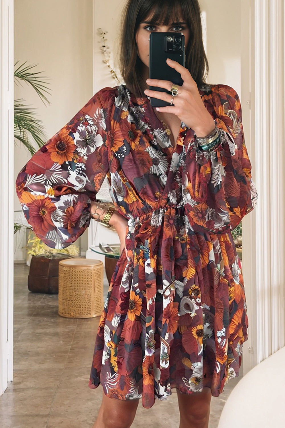 Floral Print Wrap V-Neck Puff Sleeve Flowy Mini Dress - eAura