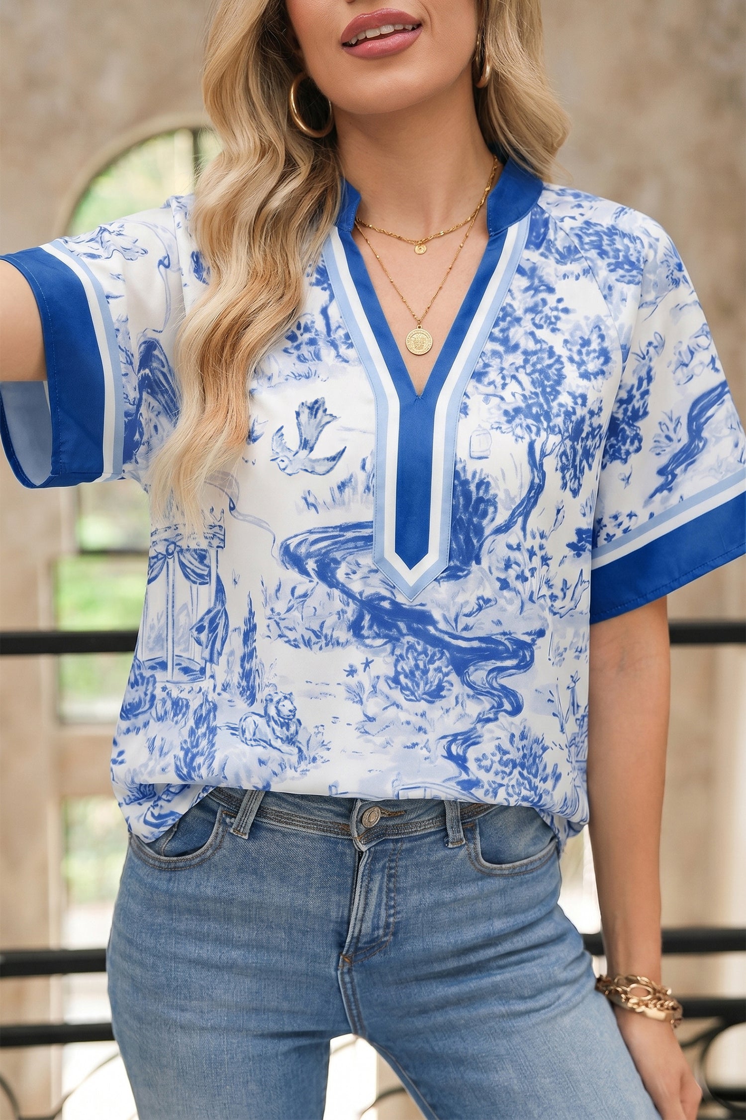 Wild Animal Paradise Contrast V Neck Raglan Sleeve Blouse – Blue
