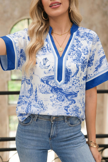 Wild Animal Paradise Contrast V Neck Raglan Sleeve Blouse – Blue