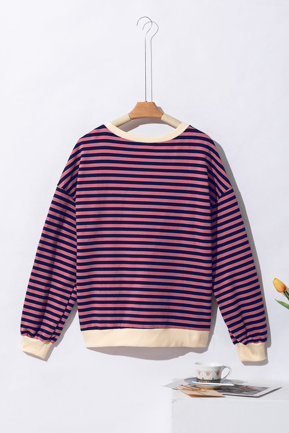 Sky Blue Stripe Oversized Contrast Trim Pullover Sweatshirt BB Fashion Outlet