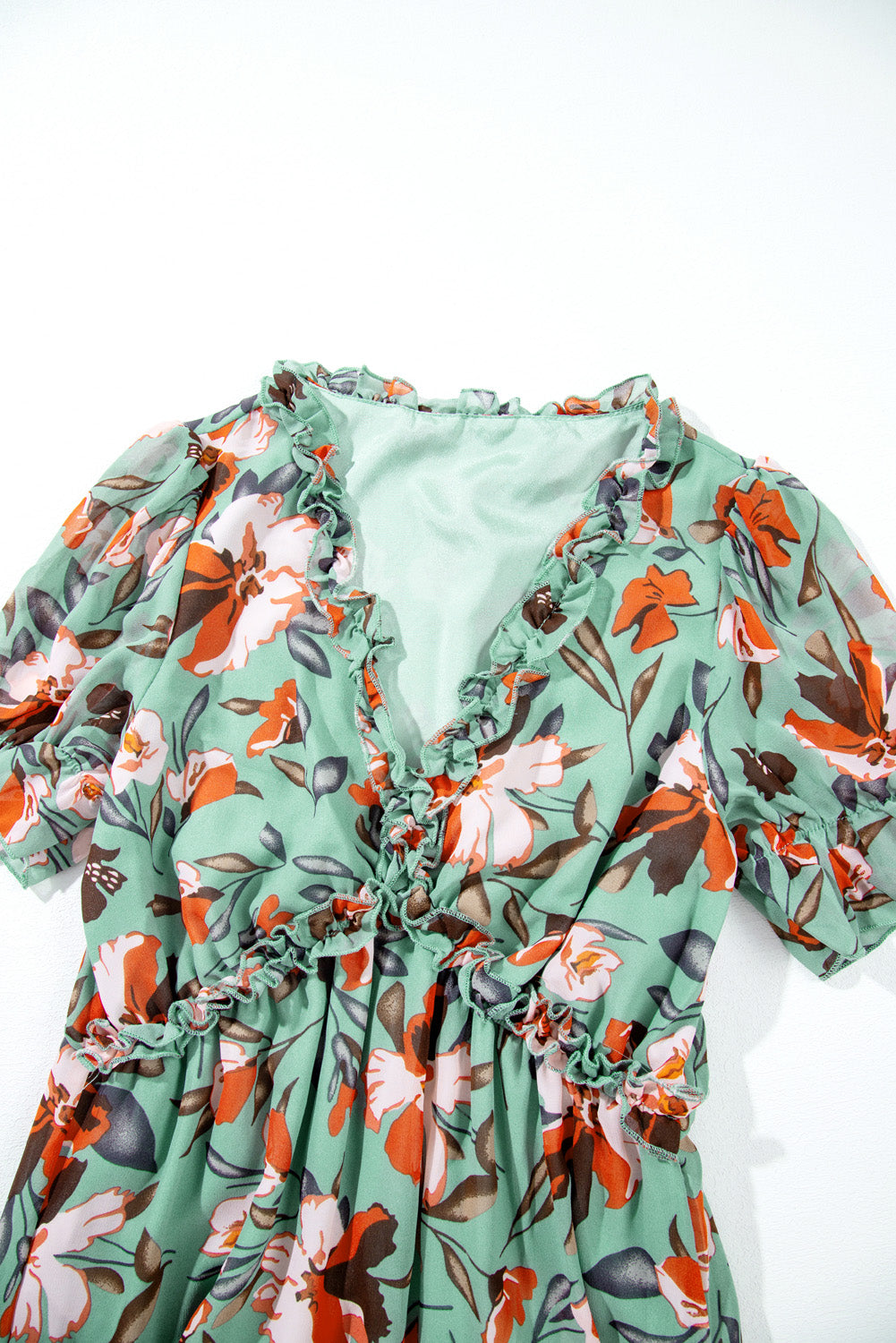 Floral Print Frilled V-Neck Short Sleeve Maxi Dress