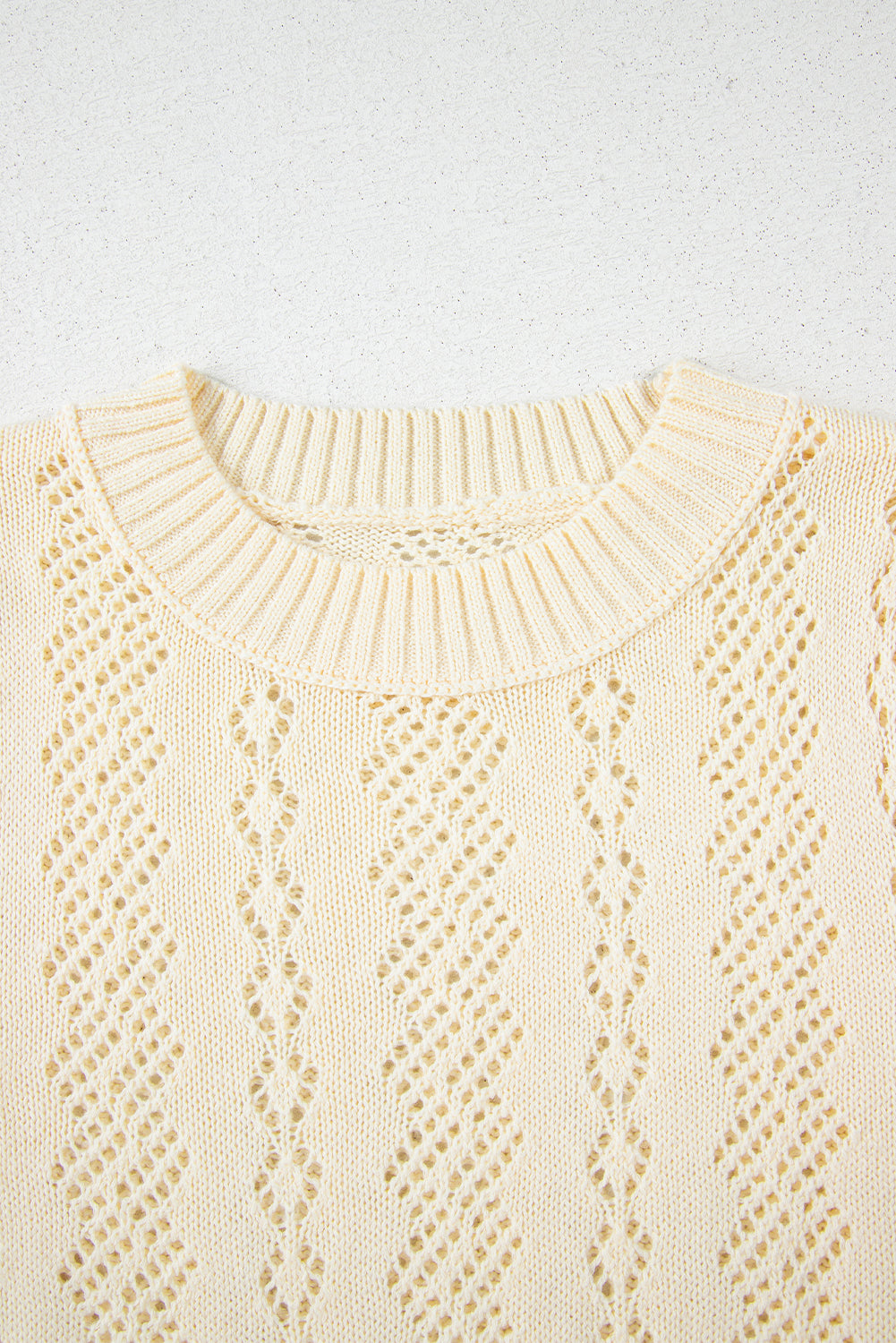 Beige Hollowed Pattern Knit Short Puff Sleeve Sweater eAura