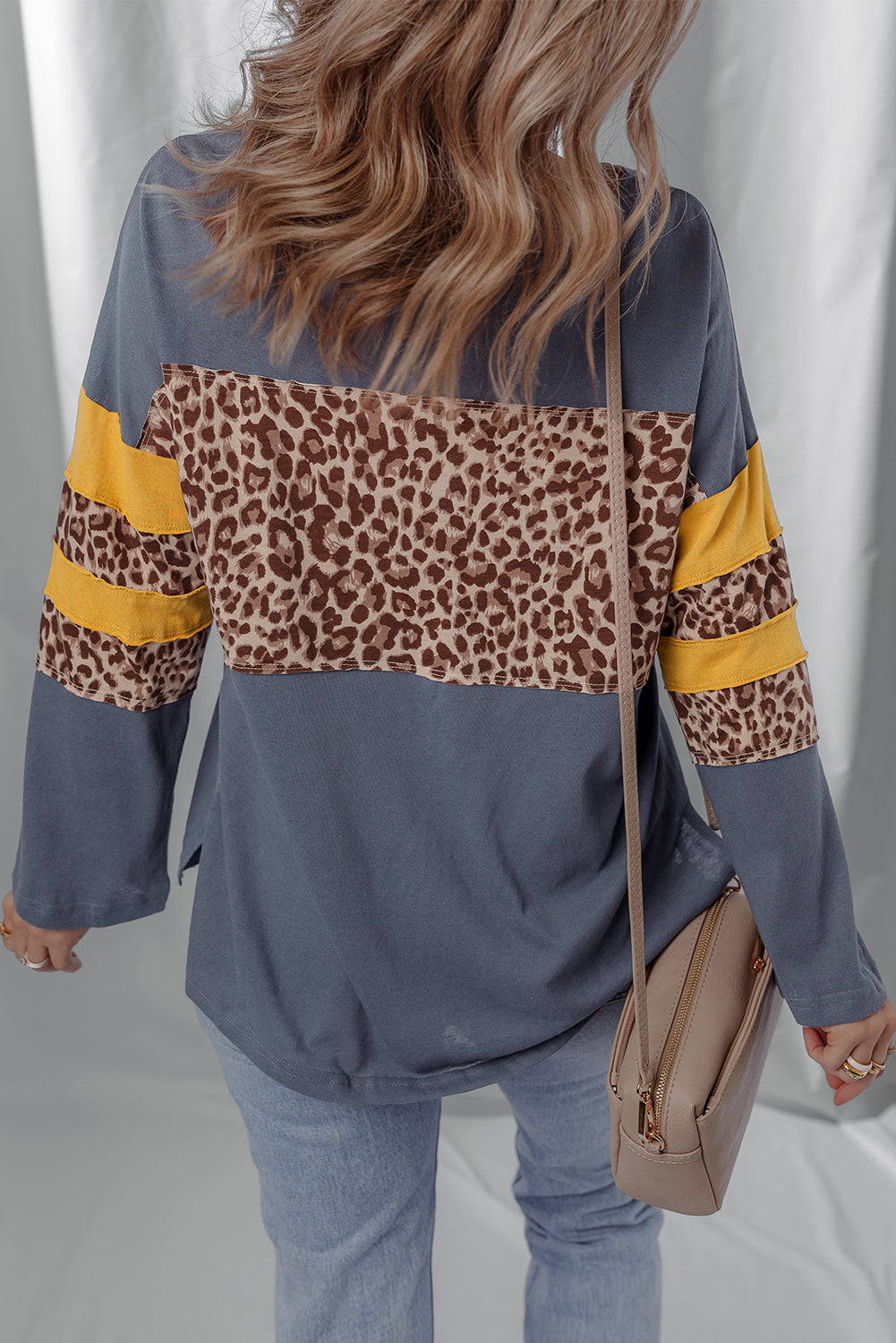 Dark Blue Leopard Colorblock Patchwork Long Sleeve Drop Shoulder Top - eAura