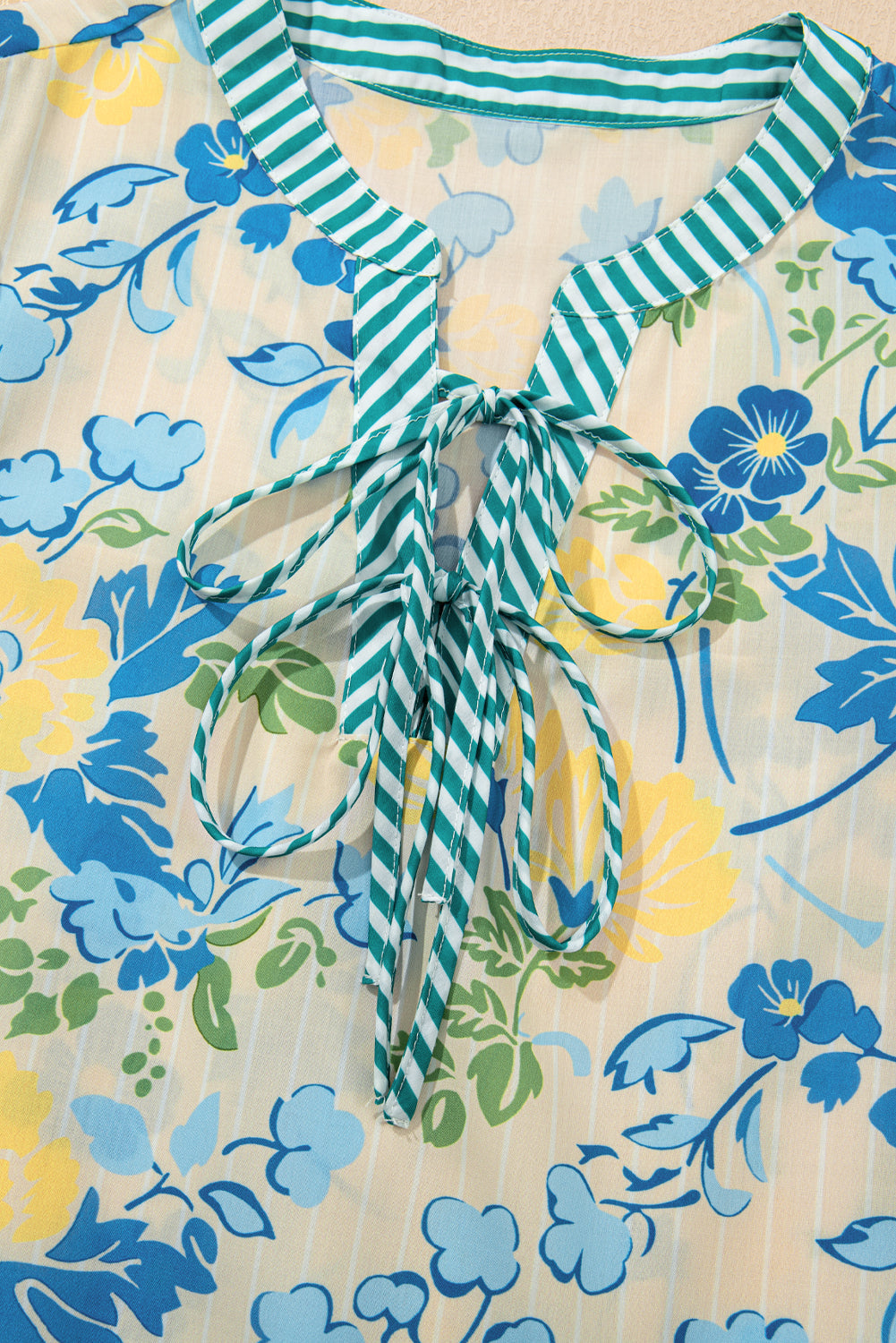 Blue Floral Striped Trim Puff Short Sleeve Dress eAura