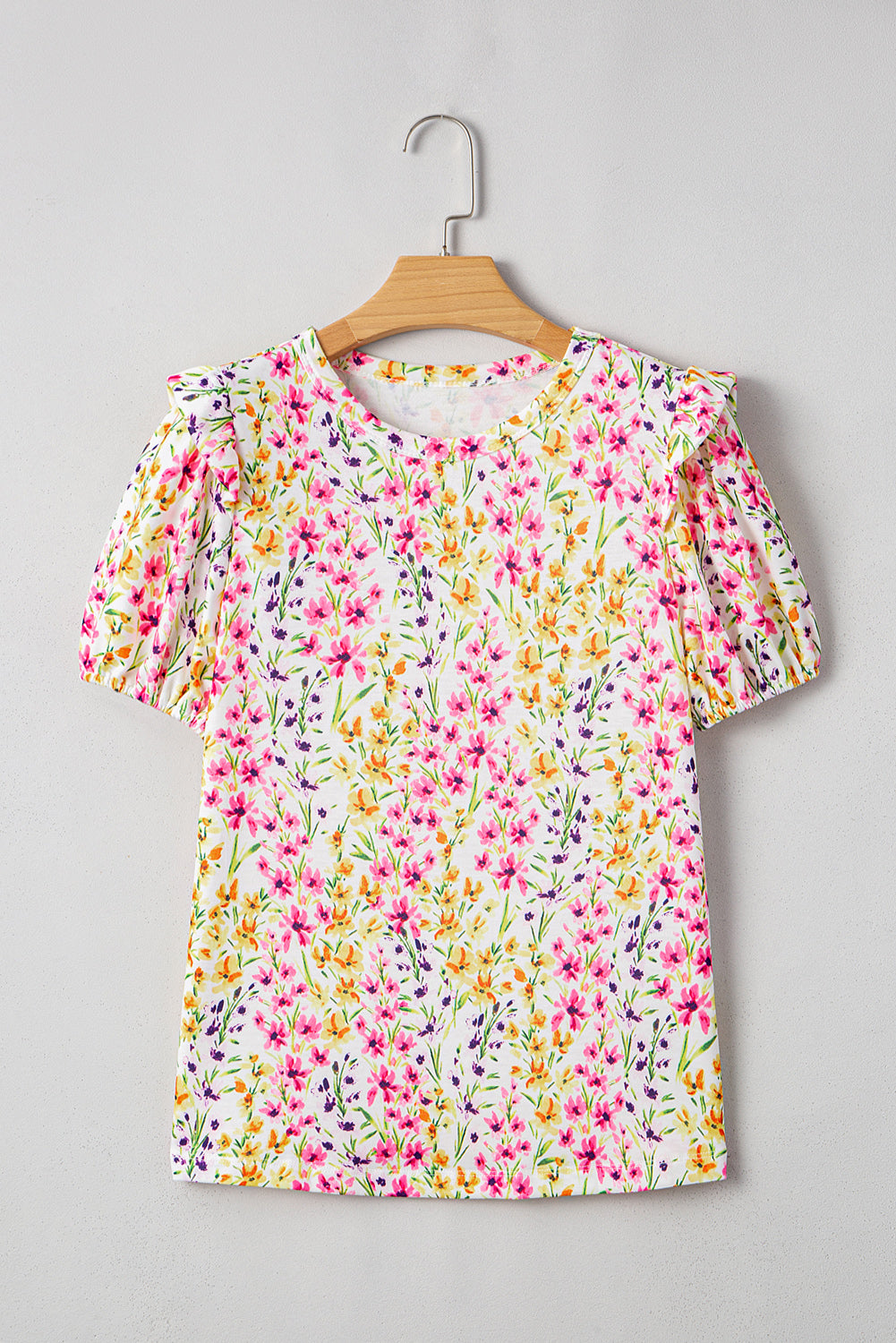 Pink Floral Puff Short Sleeve Crewneck Blouse eAura