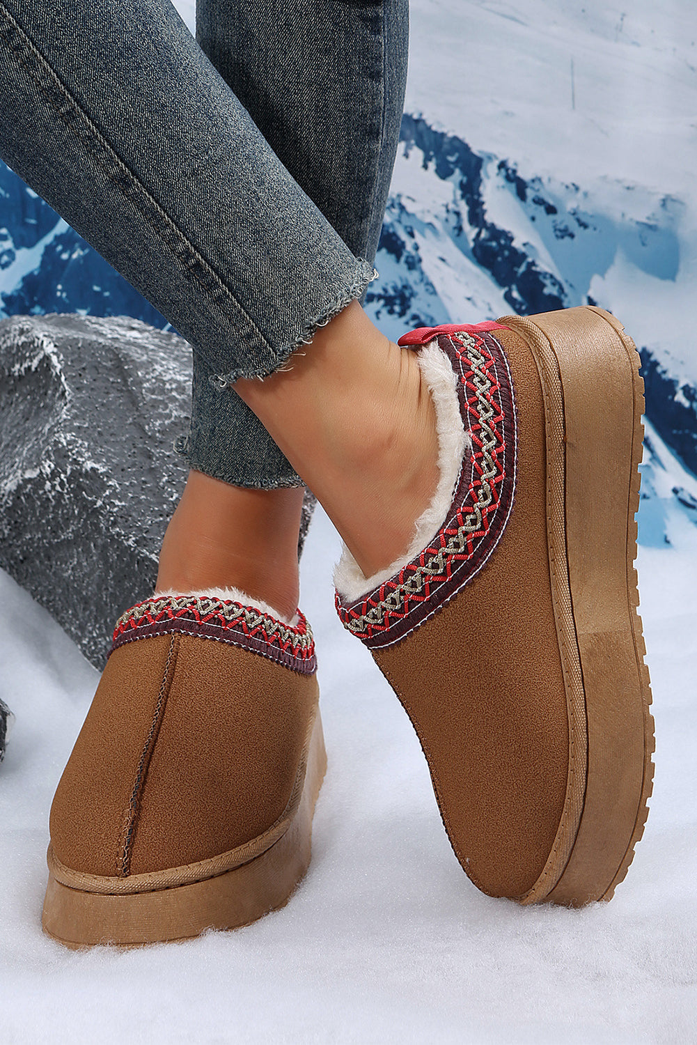 Chestnut Contrast Print Suede Plush Lined Snow Boots BB Fashion Outlet