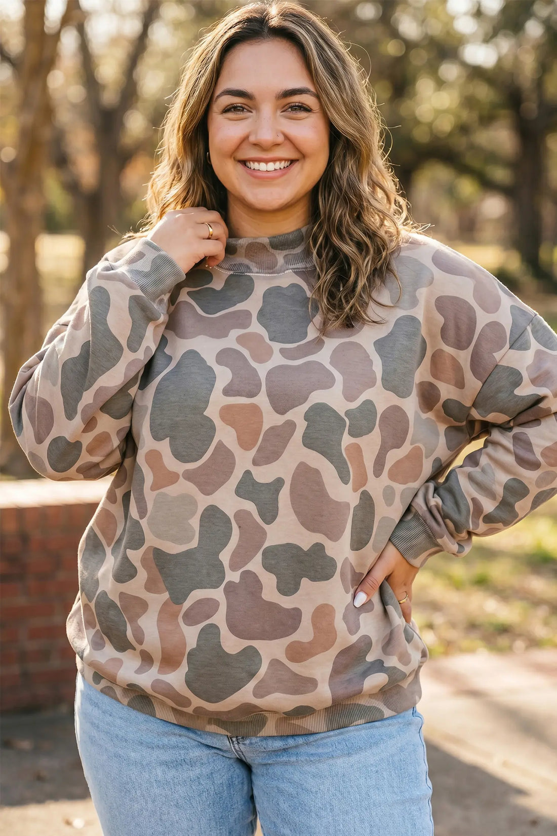 Camo Print Ribbed Mock Neck Plus Size Sweatshirt – Multicolour