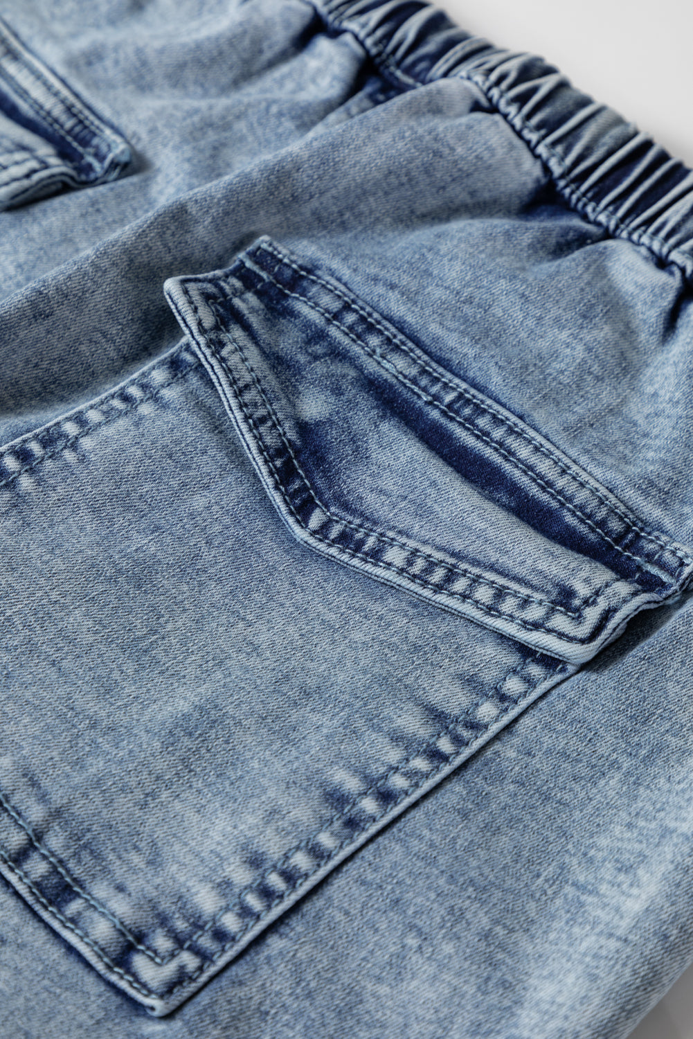 Acid Wash Exposed Seam Drawstring Elastic Waistband Jeans - eAura