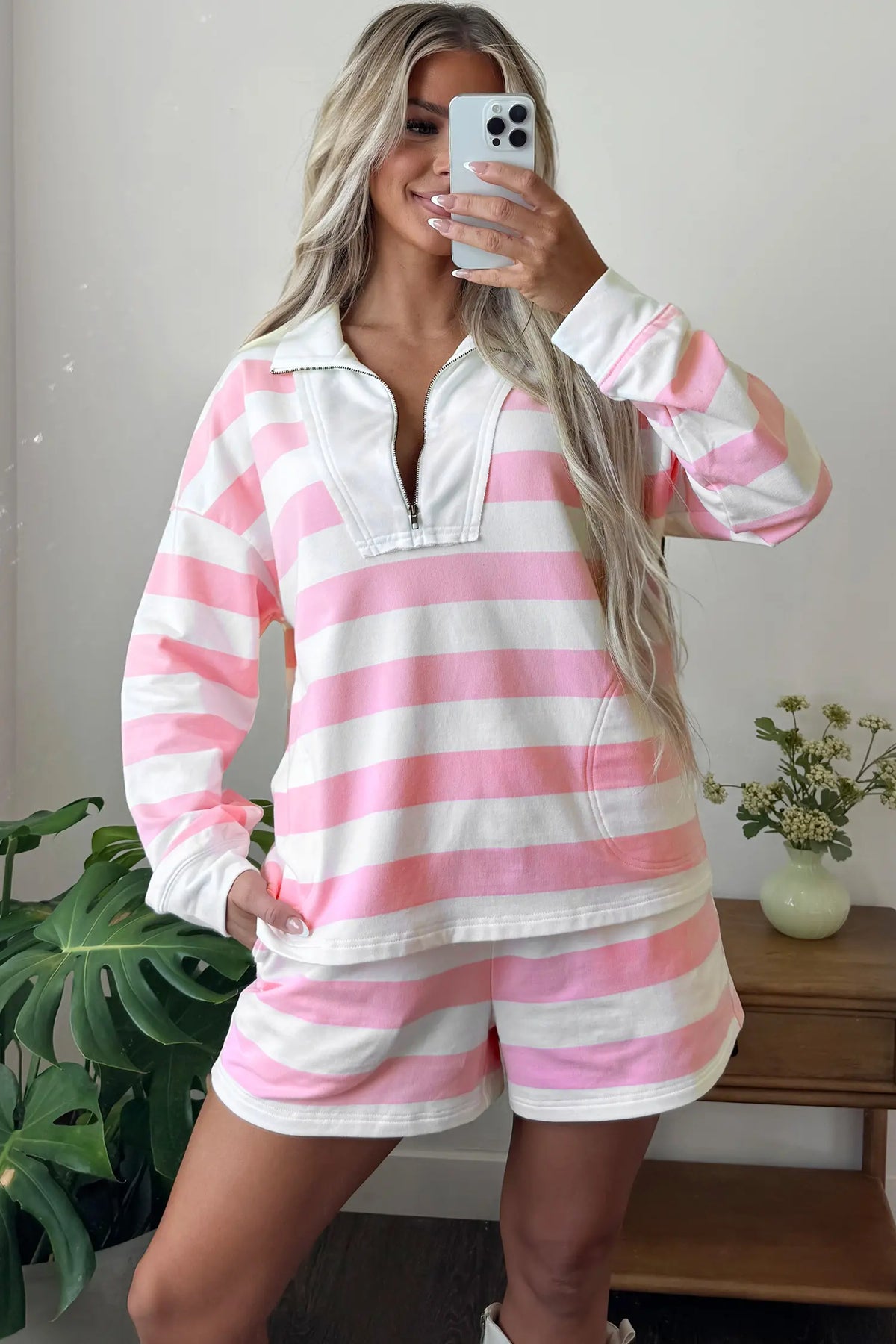 Patchwork Zipper Pullover Elastic Waist Shorts 2pcs Set – Pink Stripe