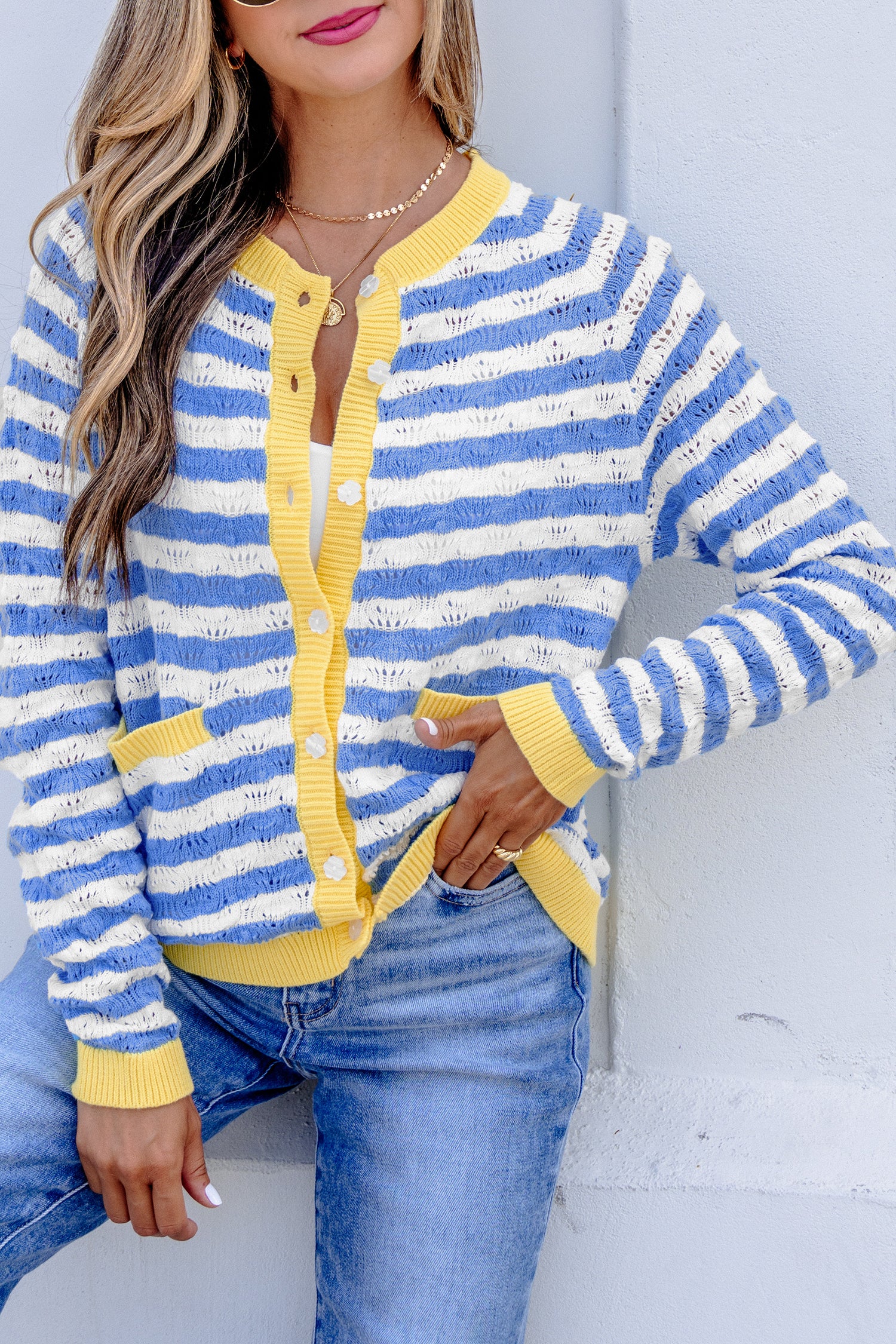 Striped Colorblock Button Front Long Sleeve Loose Fit Knit Cardigan – Sky Blue Stripe