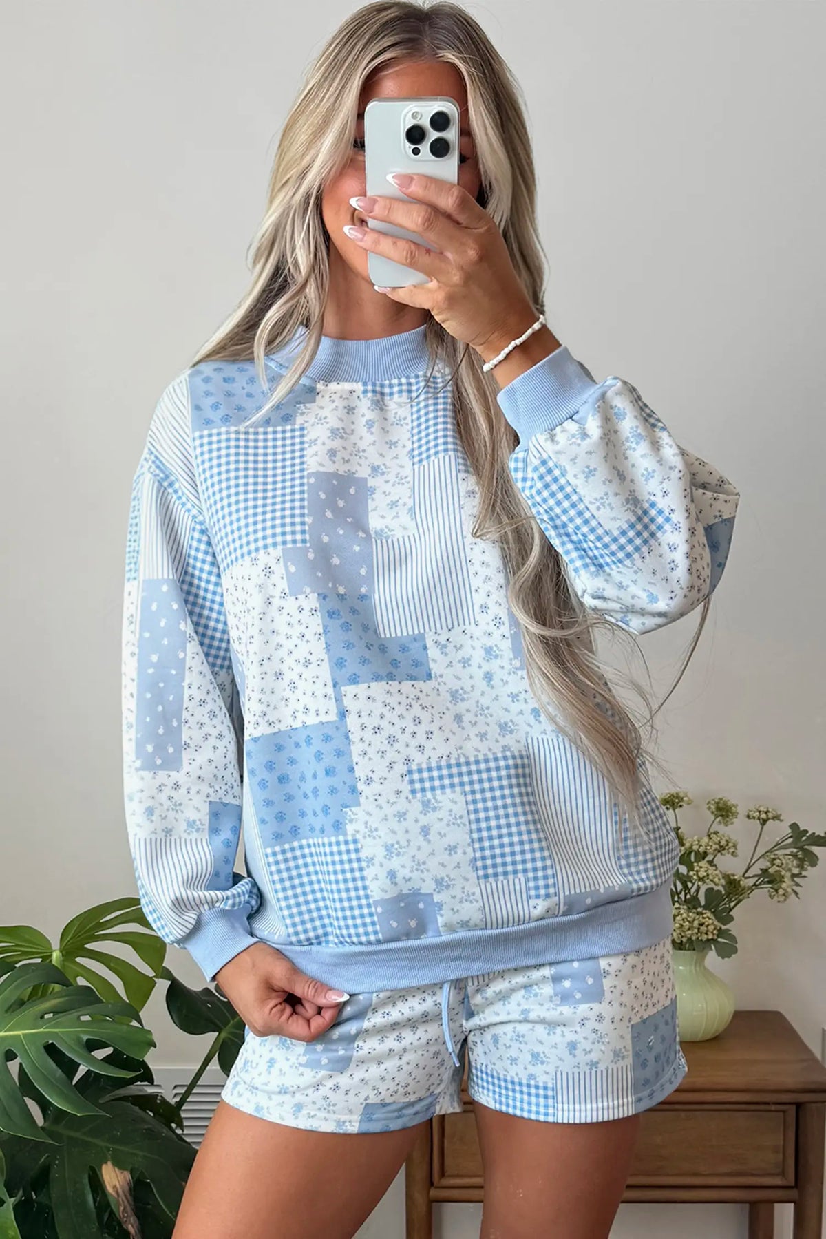 Sky Blue Patchwork Floral Print Drop Shoulder Baggy Pullover Drawstring Shorts Set – Light Blue