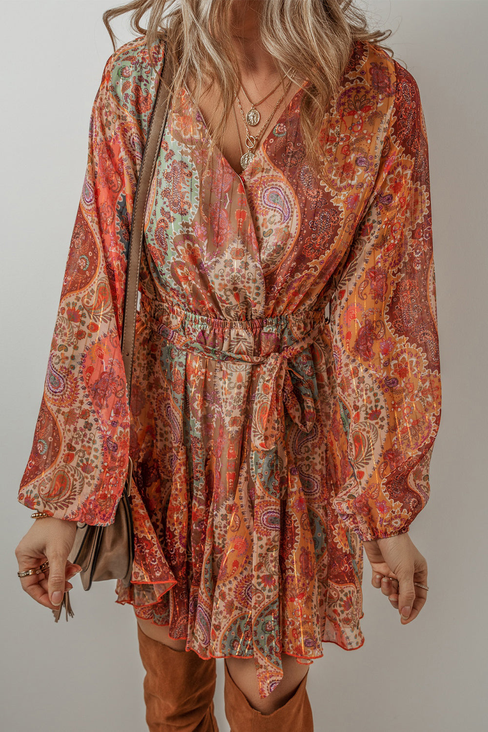 Orange Boho Paisley Print Long Sleeve Pleated Belted Mini Dress eAura