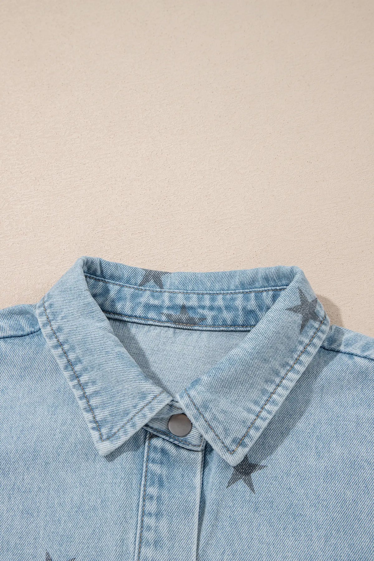 Sky Blue Stars Pattern Long Sleeve Shirt Collar Denim Jacket – Light Blue