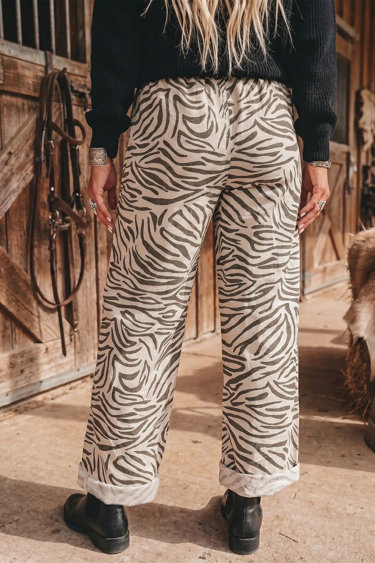 Western Print Zebra Pattern Elastic Waist Pocket Full-Length Pants – Multicolour