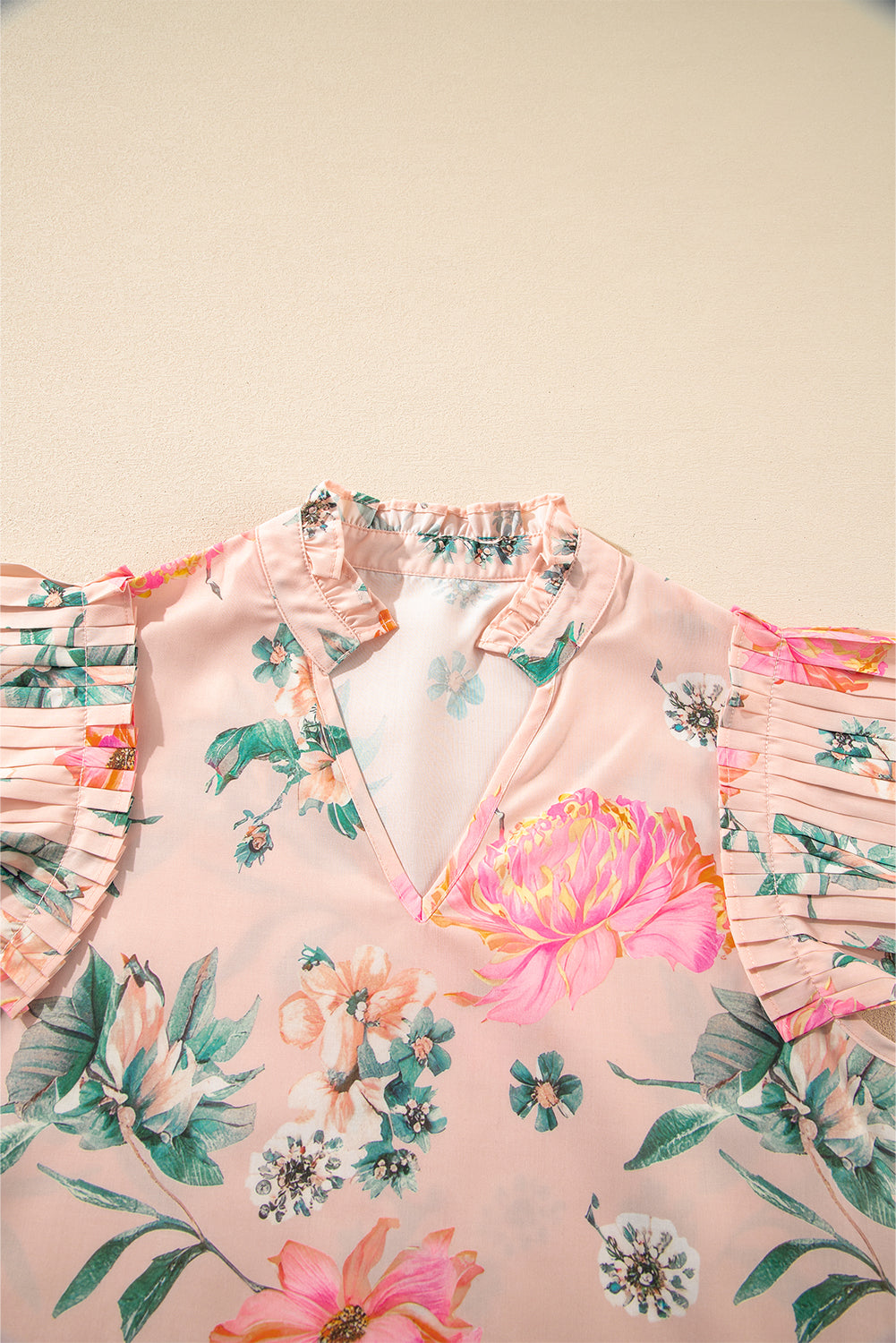 Pink Floral Print Frilled V Neck Pleated Sleeve Blouse eAura
