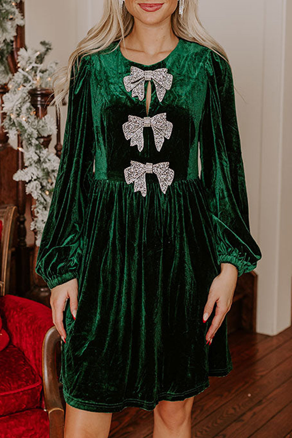 Bowknot Decor High Waist Velvet Mini Dress - eAura