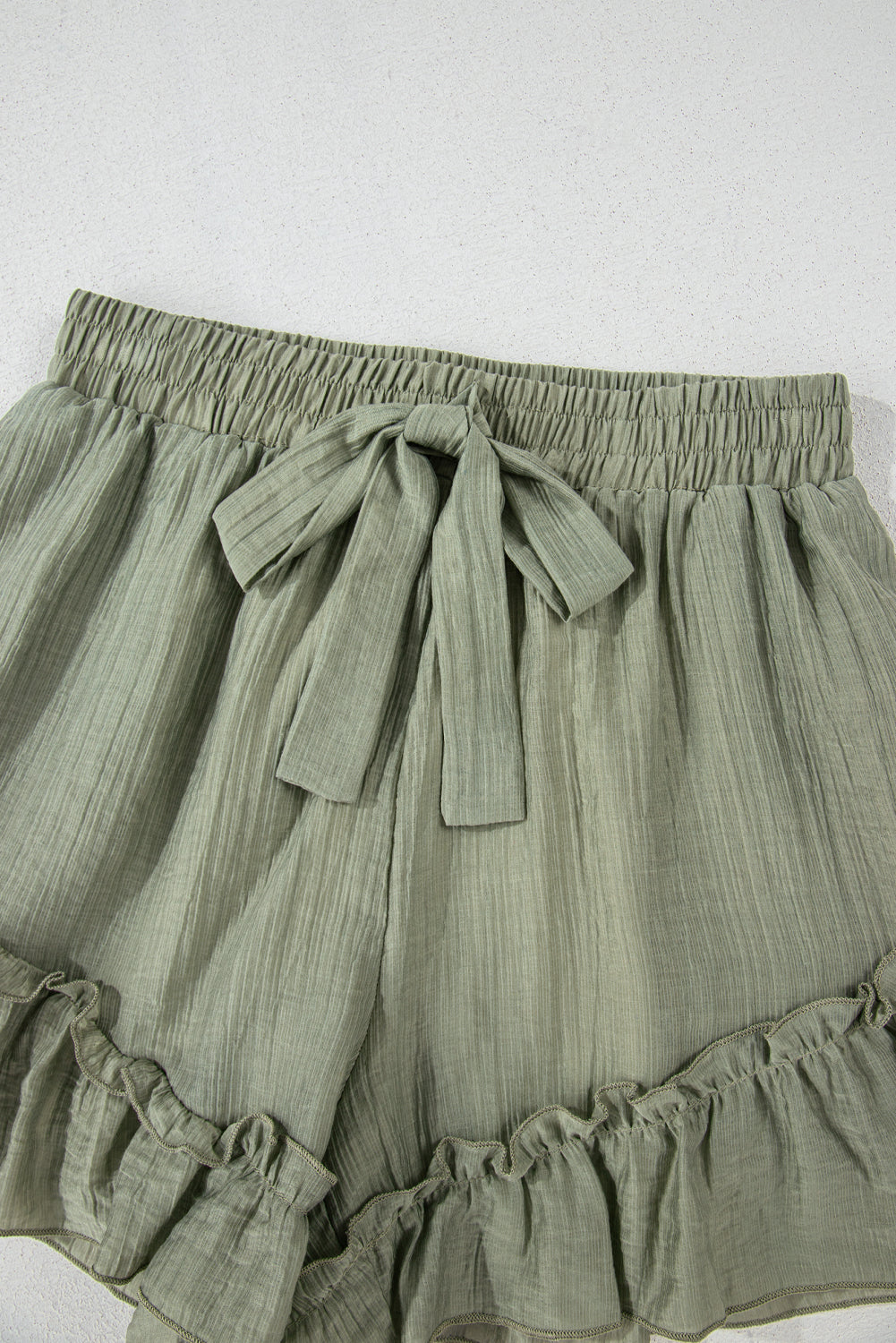 Laurel Green Textured Tie Waist Ruffle Hem Shorts eAura