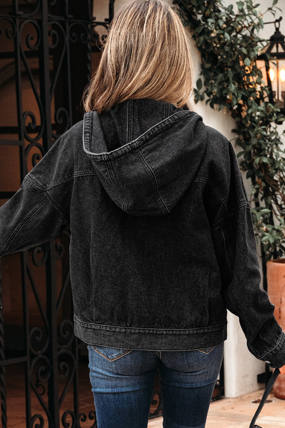 Black Big Chest Pocket Drop Shoulder Hooded Denim Jacket eAura