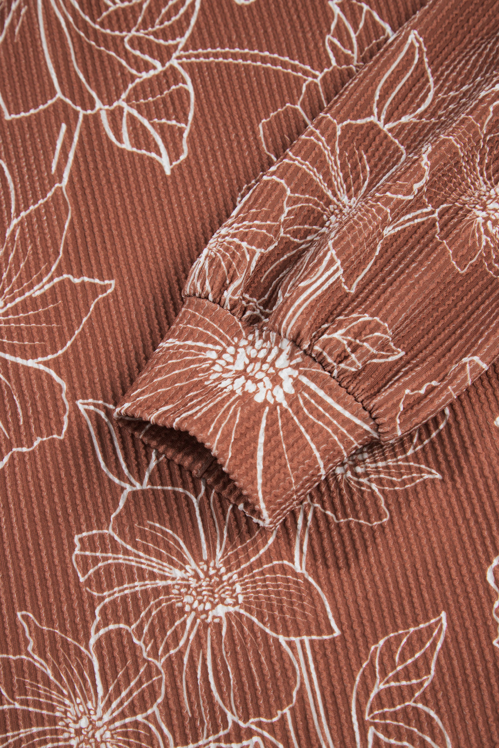 Brown Floral Rib Drawstring Kangaroo Pocket Hoodie - eAura