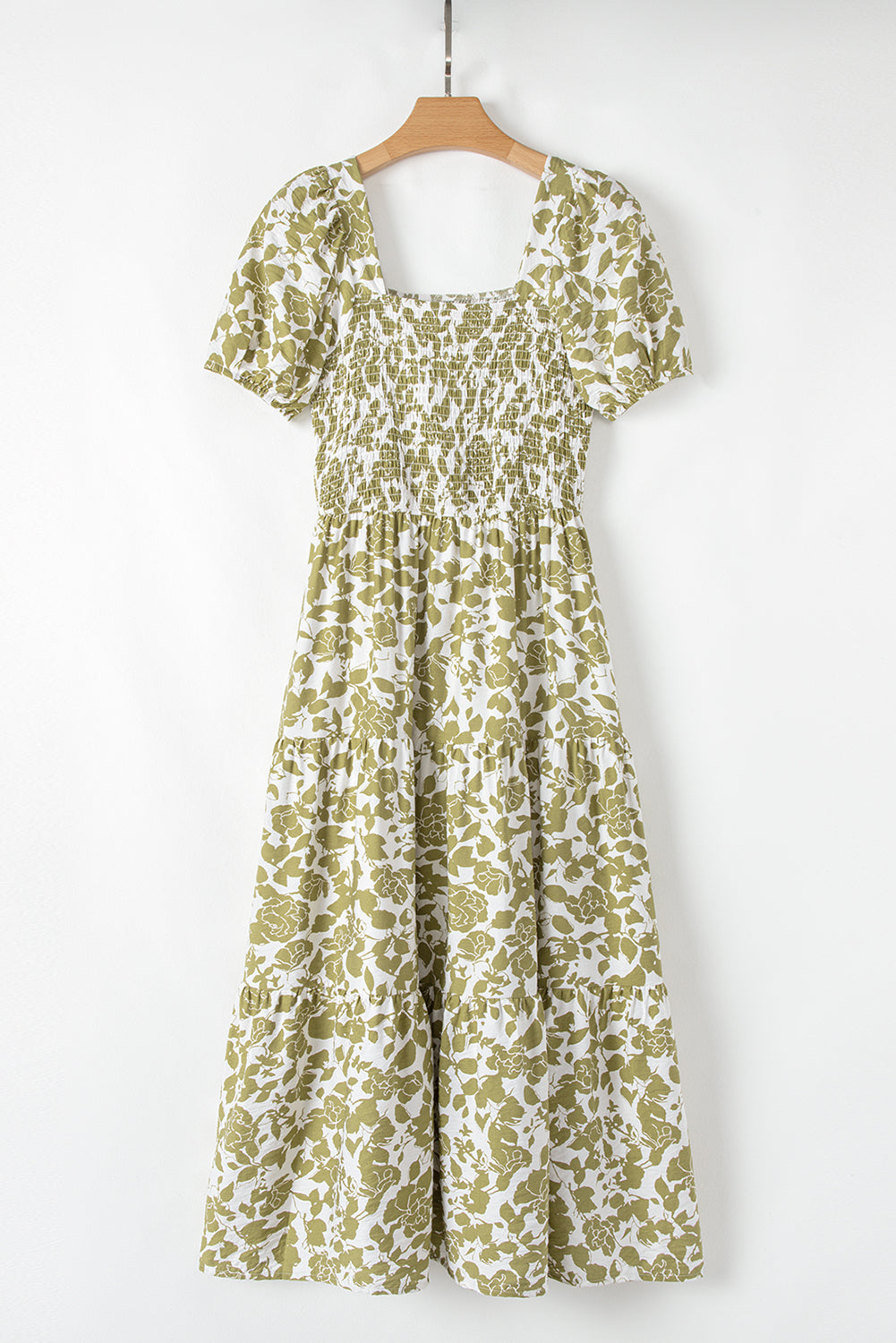 Floral Square Neck Smocked Bust Puff Sleeve Tiered Maxi Dress eAura