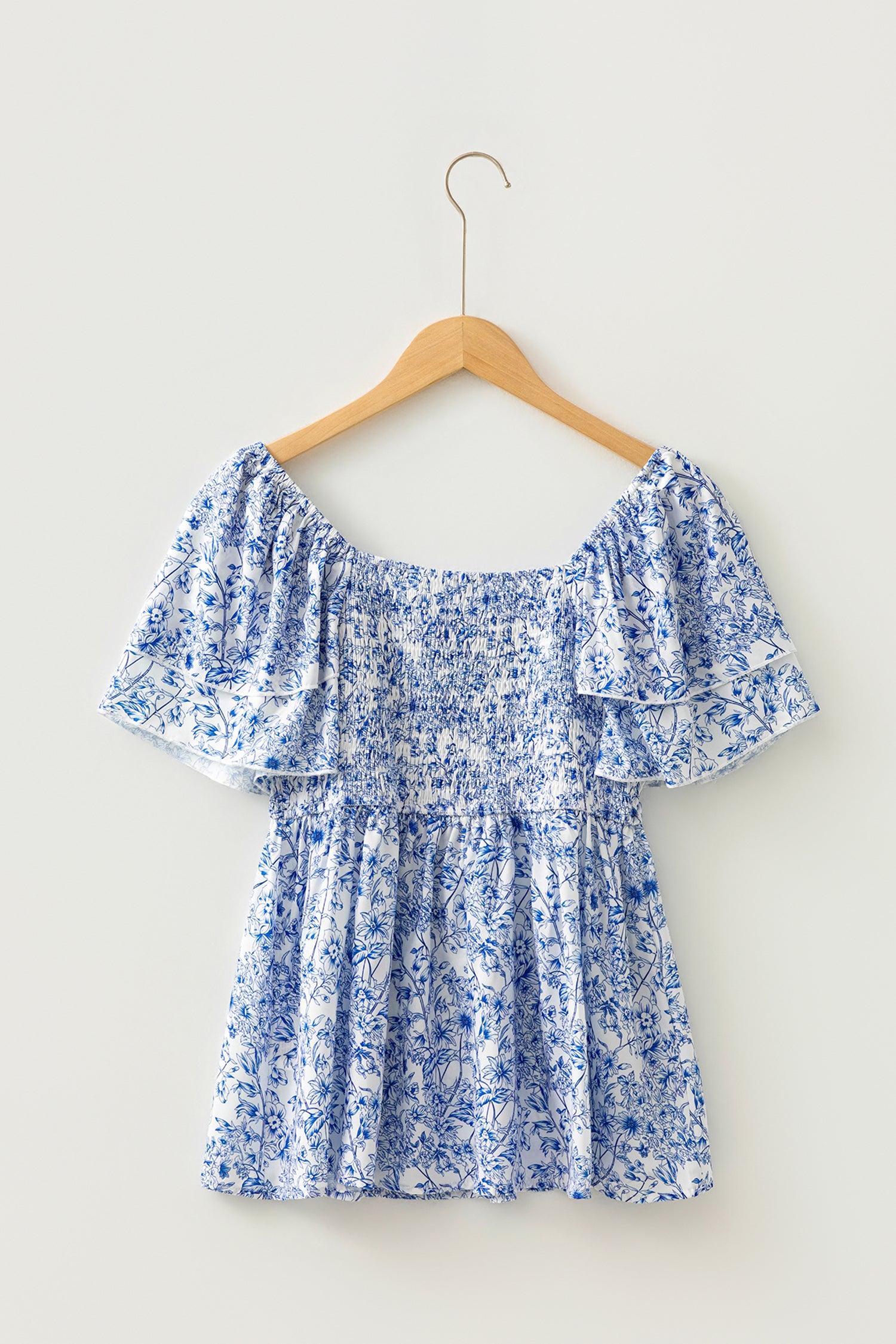 Floral Print Square Neck Ruffled Sleeve Shirred Babydoll Blouse – Sky Blue