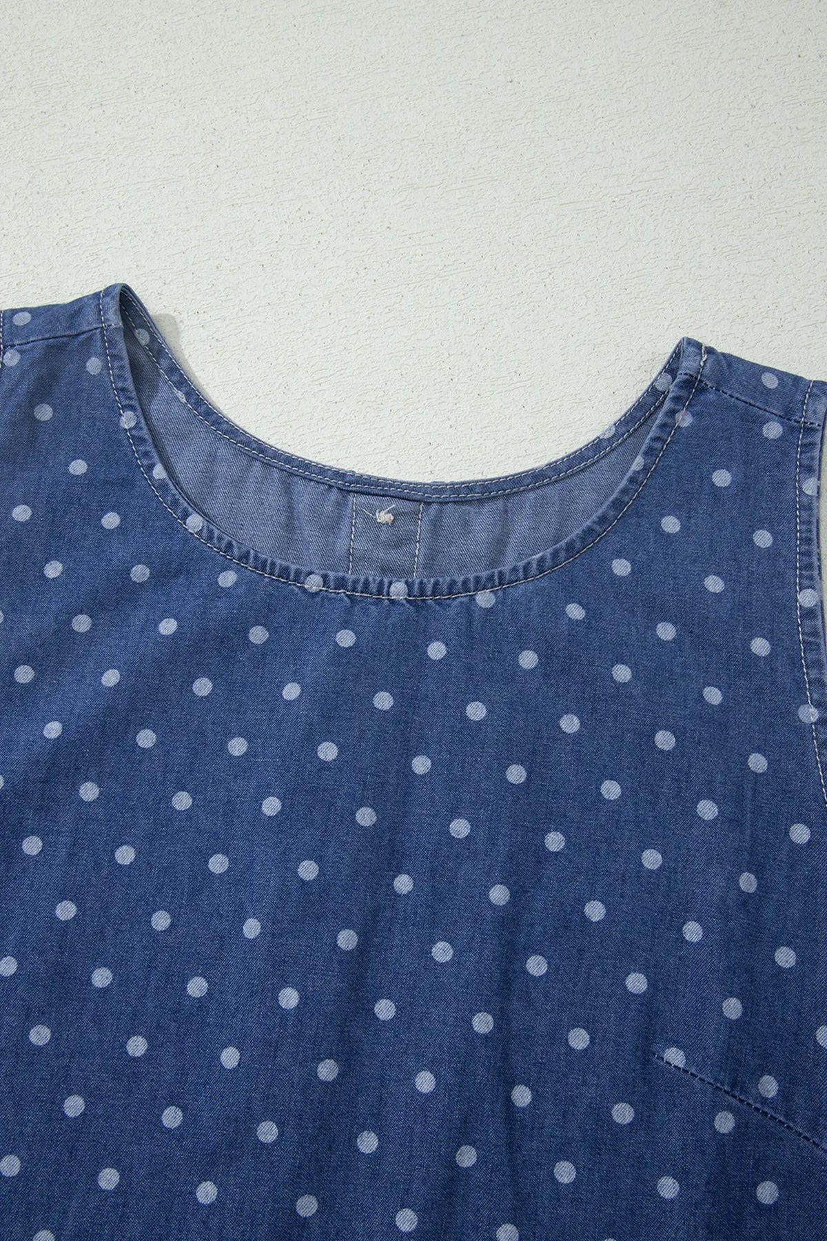 Polka Dot Ruffle Hem Sleeveless Denim Mini Dress – Blue