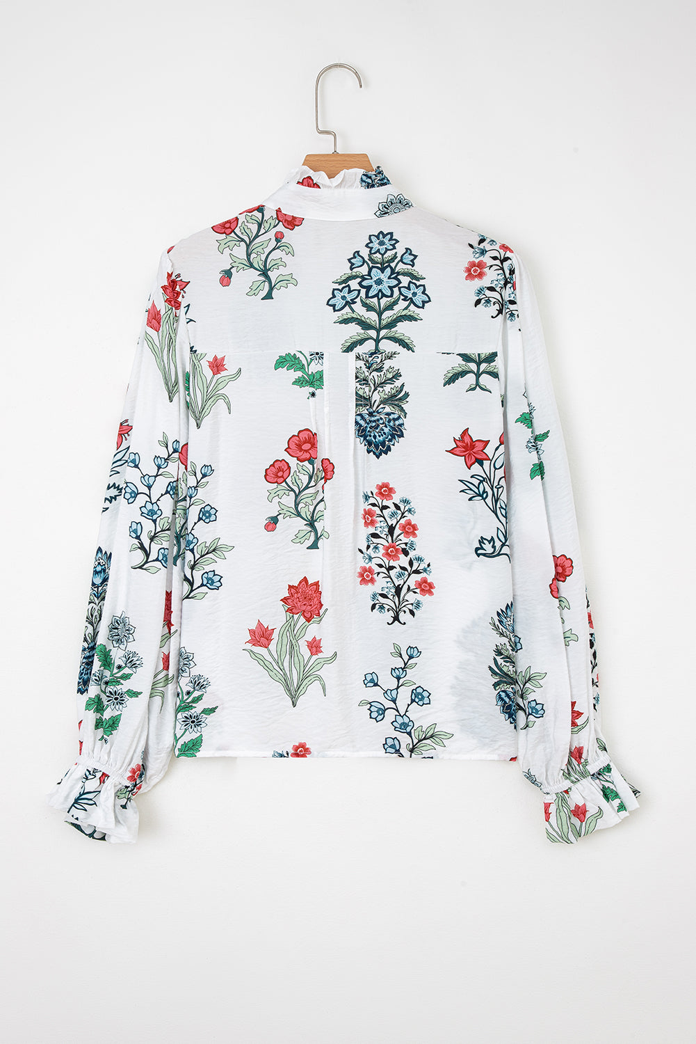 White Floral Print Frilled Collar V-Neck Long Sleeve Shirt - eAura