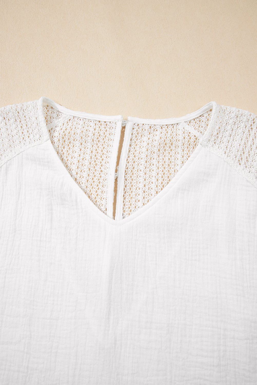 White Lace Crochet Textured Button Back V Neck T Shirt eAura