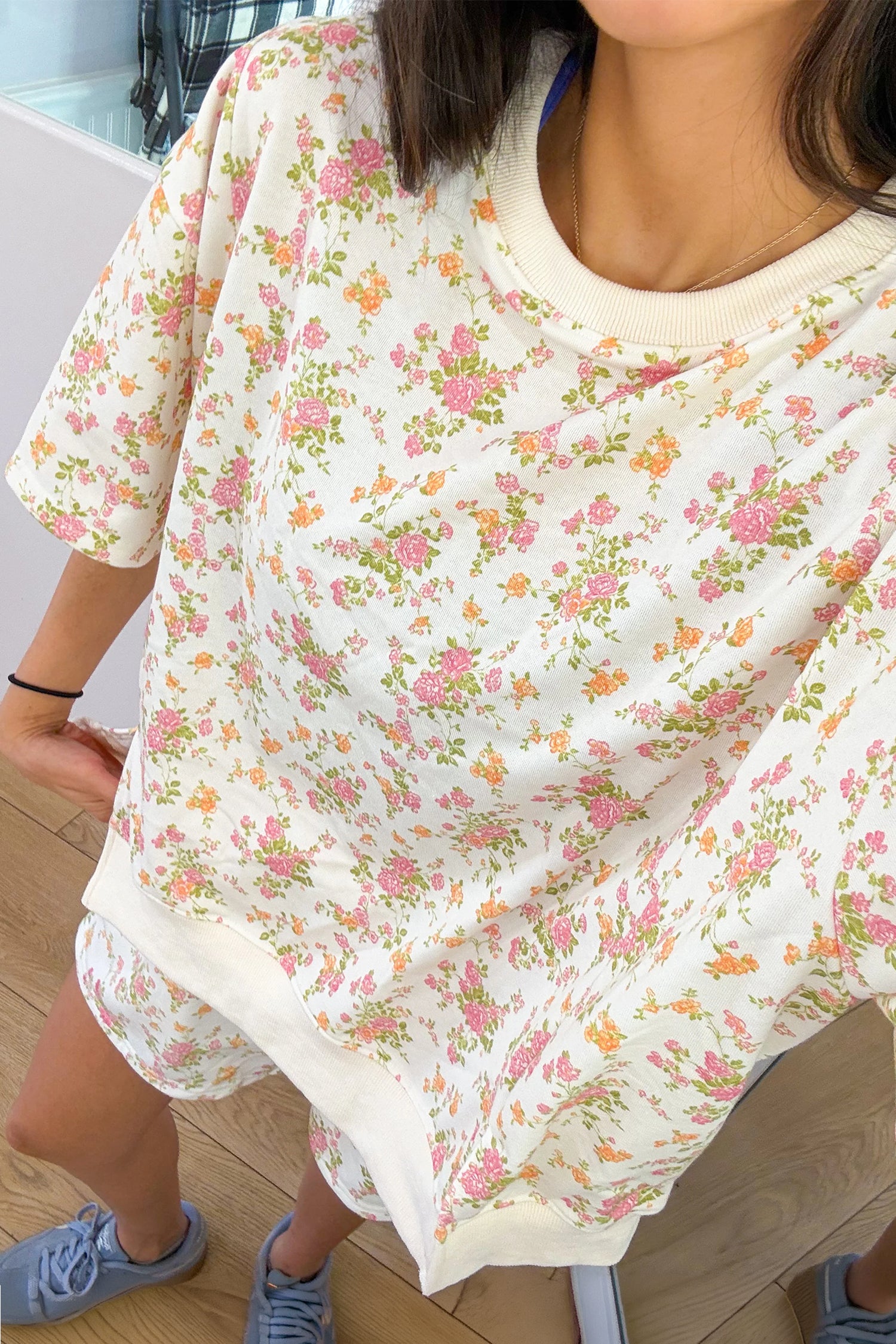 Floral Print Short Sleeve Elastic Waist Pocket Two Piece Set – Sky Blue