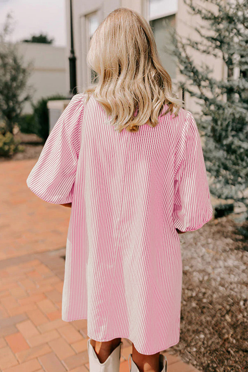 Striped Colour Block Patchwork Shirt Collar Button Down Puff Sleeve Mini Dress